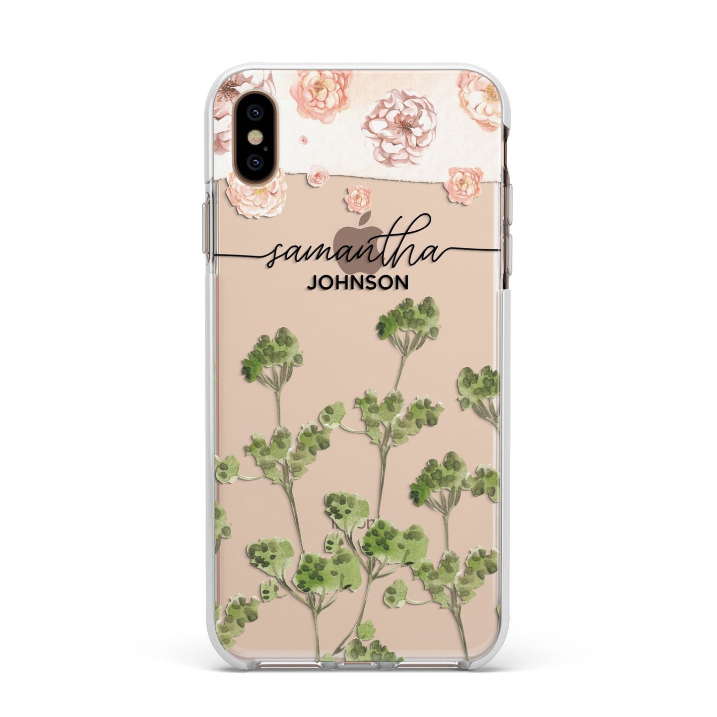 Personalised Names Flowers Apple iPhone Xs Max Impact Case White Edge on Gold Phone