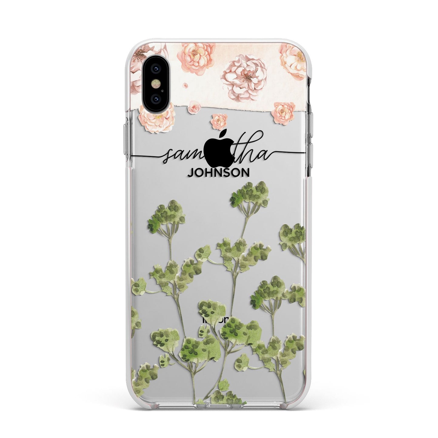 Personalised Names Flowers Apple iPhone Xs Max Impact Case White Edge on Silver Phone