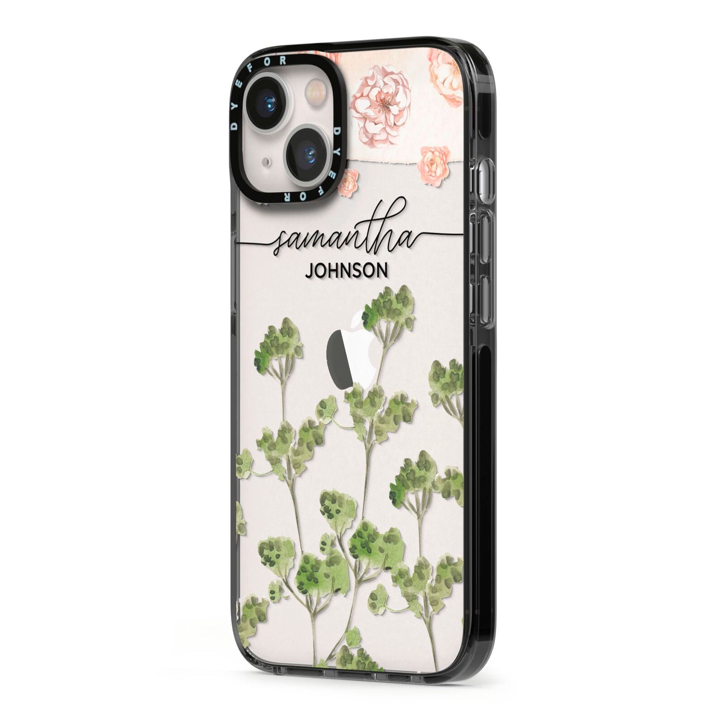 Personalised Names Flowers iPhone 13 Black Impact Case Side Angle on Silver phone