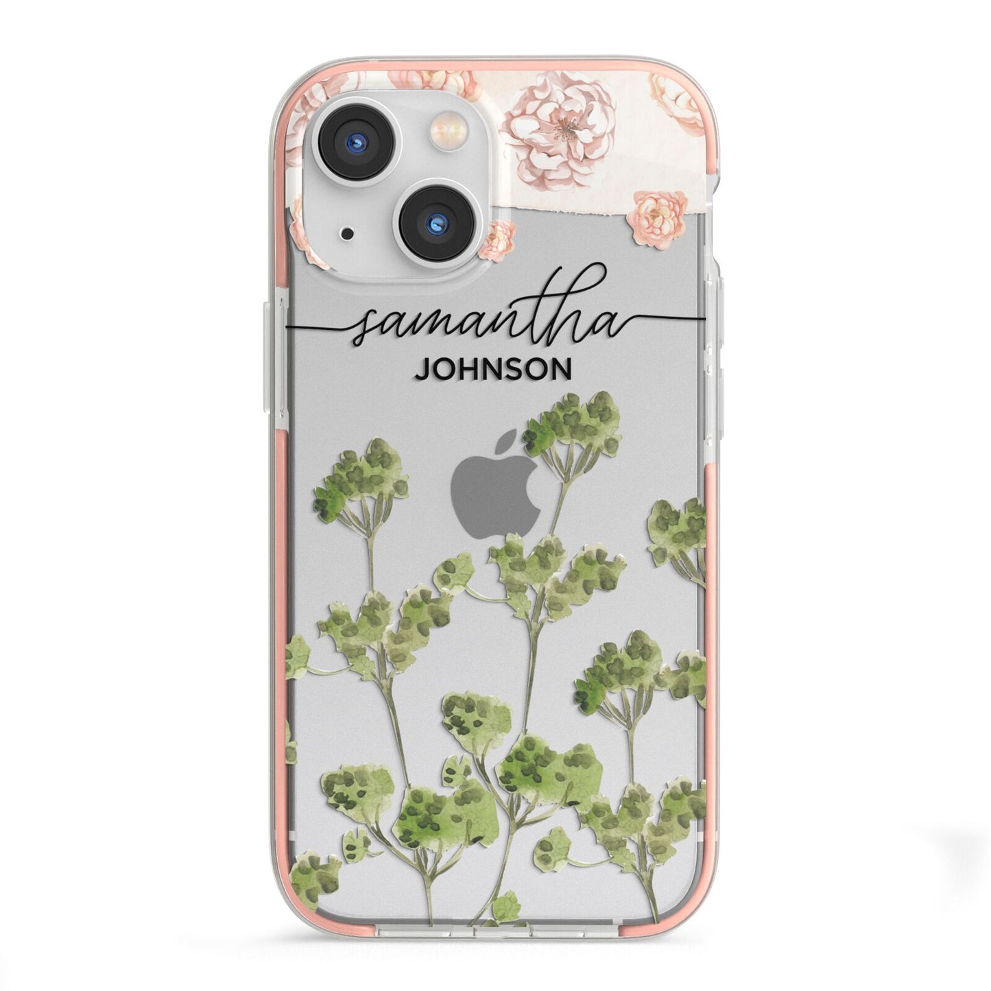Personalised Names Flowers iPhone 13 Mini TPU Impact Case with Pink Edges