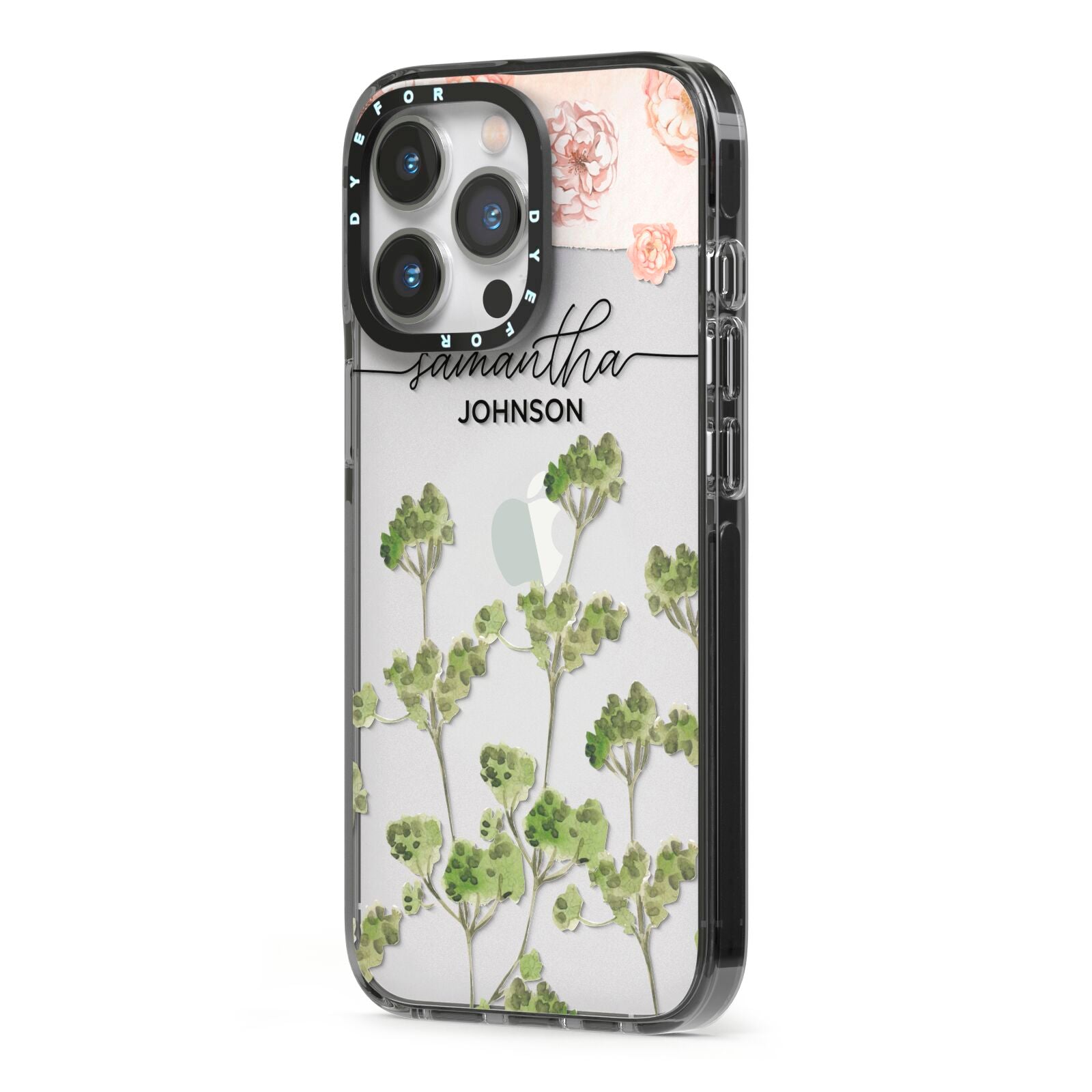 Personalised Names Flowers iPhone 13 Pro Black Impact Case Side Angle on Silver phone