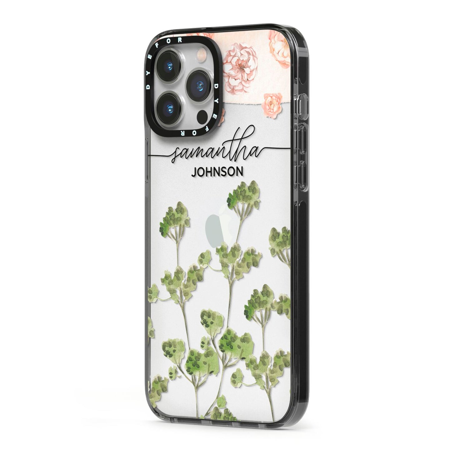 Personalised Names Flowers iPhone 13 Pro Max Black Impact Case Side Angle on Silver phone