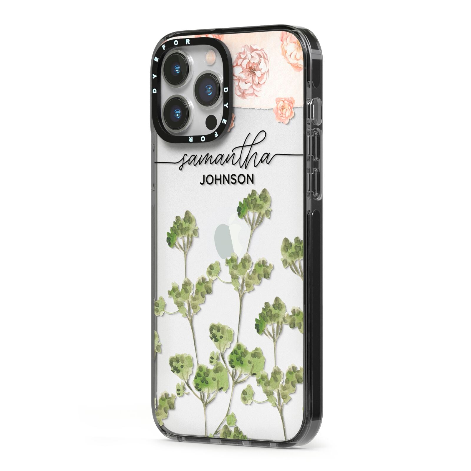 Personalised Names Flowers iPhone 13 Pro Max Black Impact Case Side Angle on Silver phone