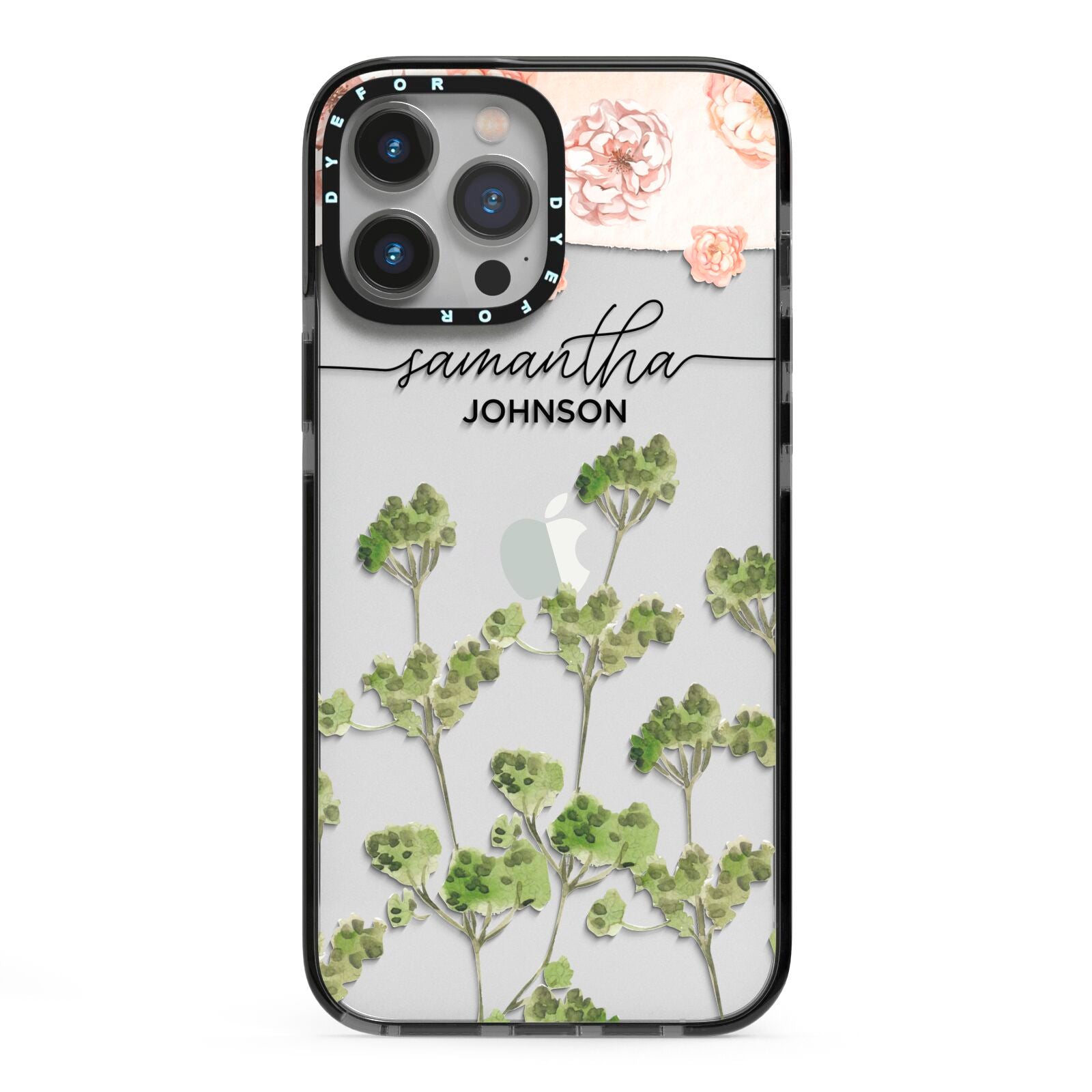 Personalised Names Flowers iPhone 13 Pro Max Black Impact Case on Silver phone