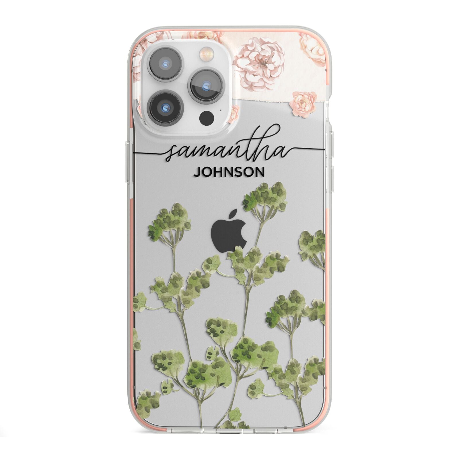 Personalised Names Flowers iPhone 13 Pro Max TPU Impact Case with Pink Edges
