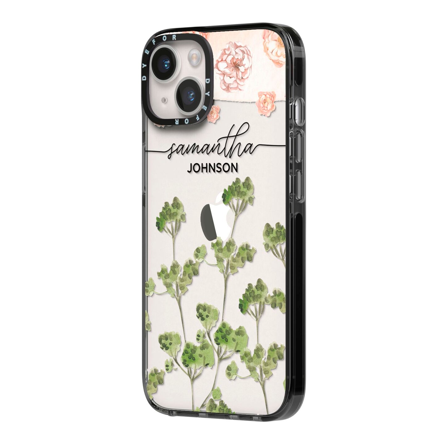 Personalised Names Flowers iPhone 14 Black Impact Case Side Angle on Silver phone