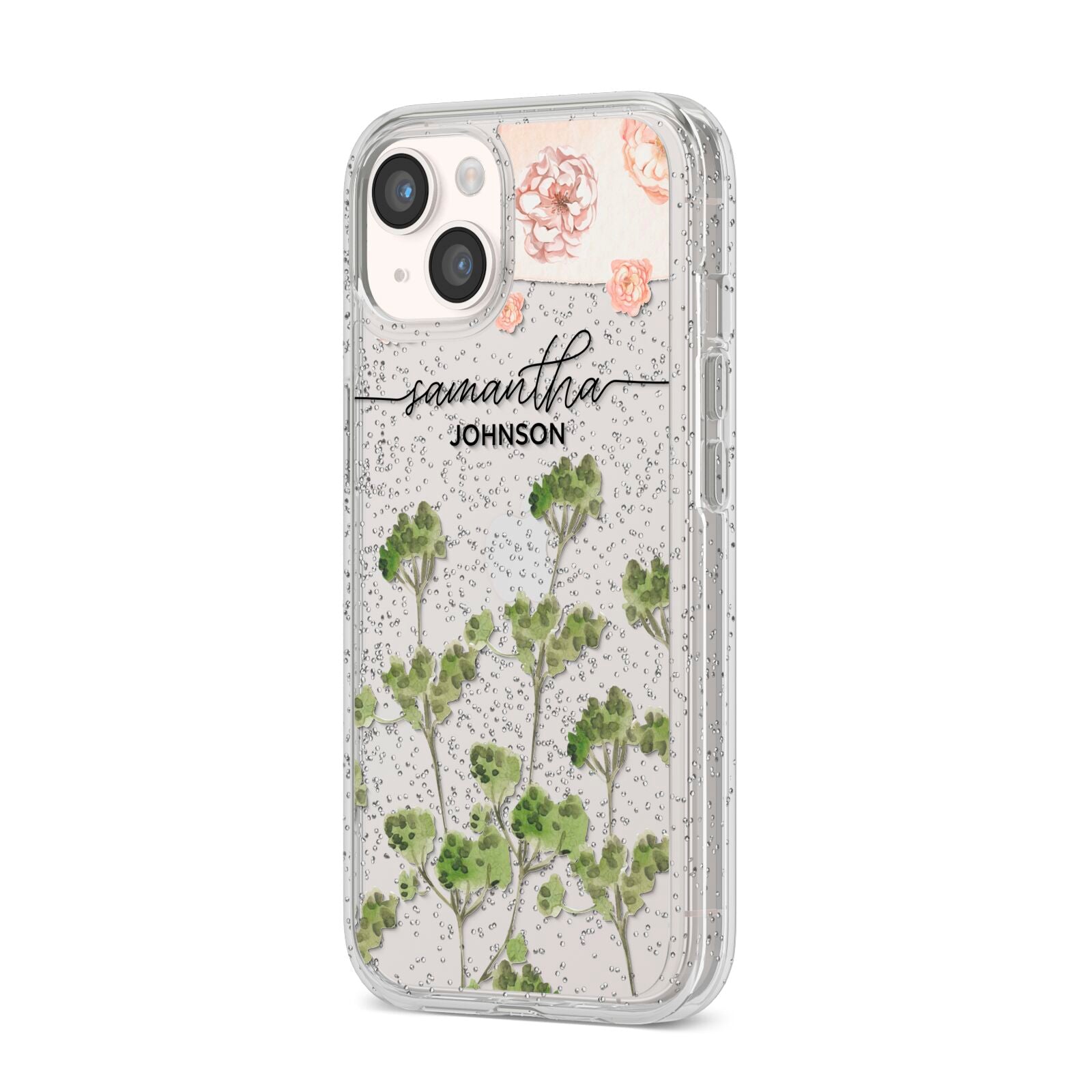 Personalised Names Flowers iPhone 14 Glitter Tough Case Starlight Angled Image
