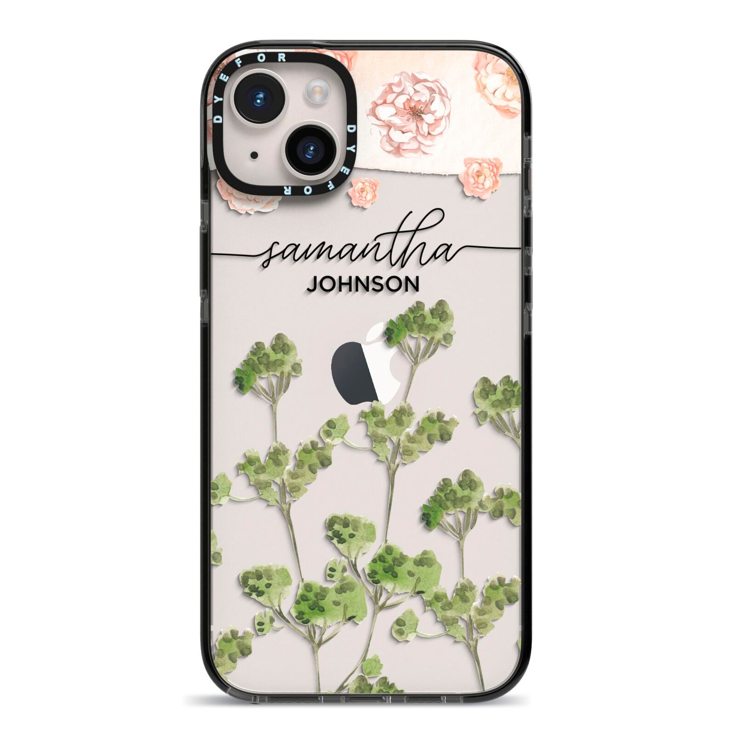 Personalised Names Flowers iPhone 14 Plus Black Impact Case on Silver phone