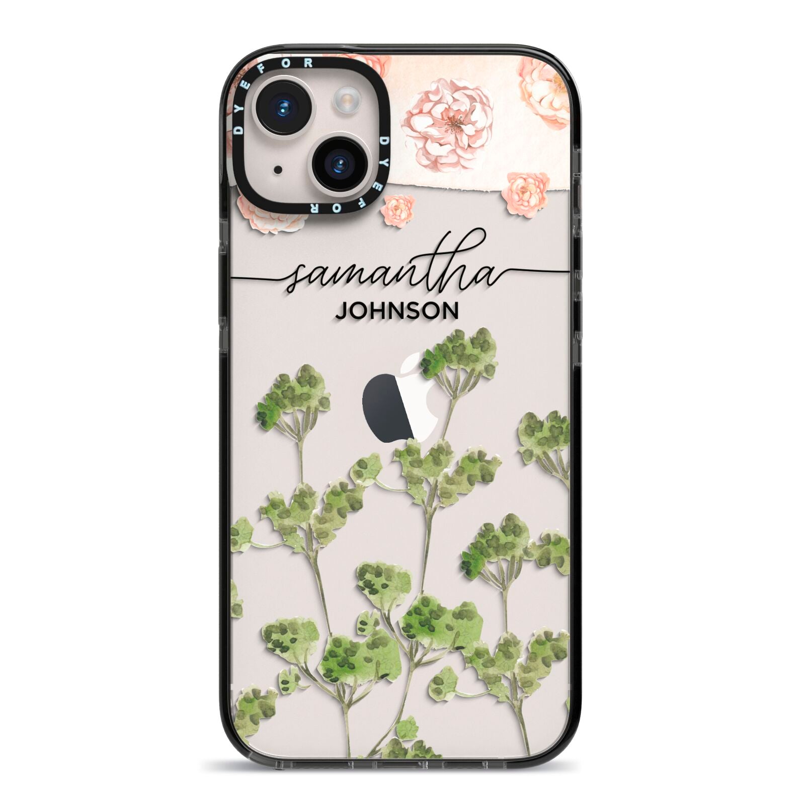 Personalised Names Flowers iPhone 14 Plus Black Impact Case on Silver phone