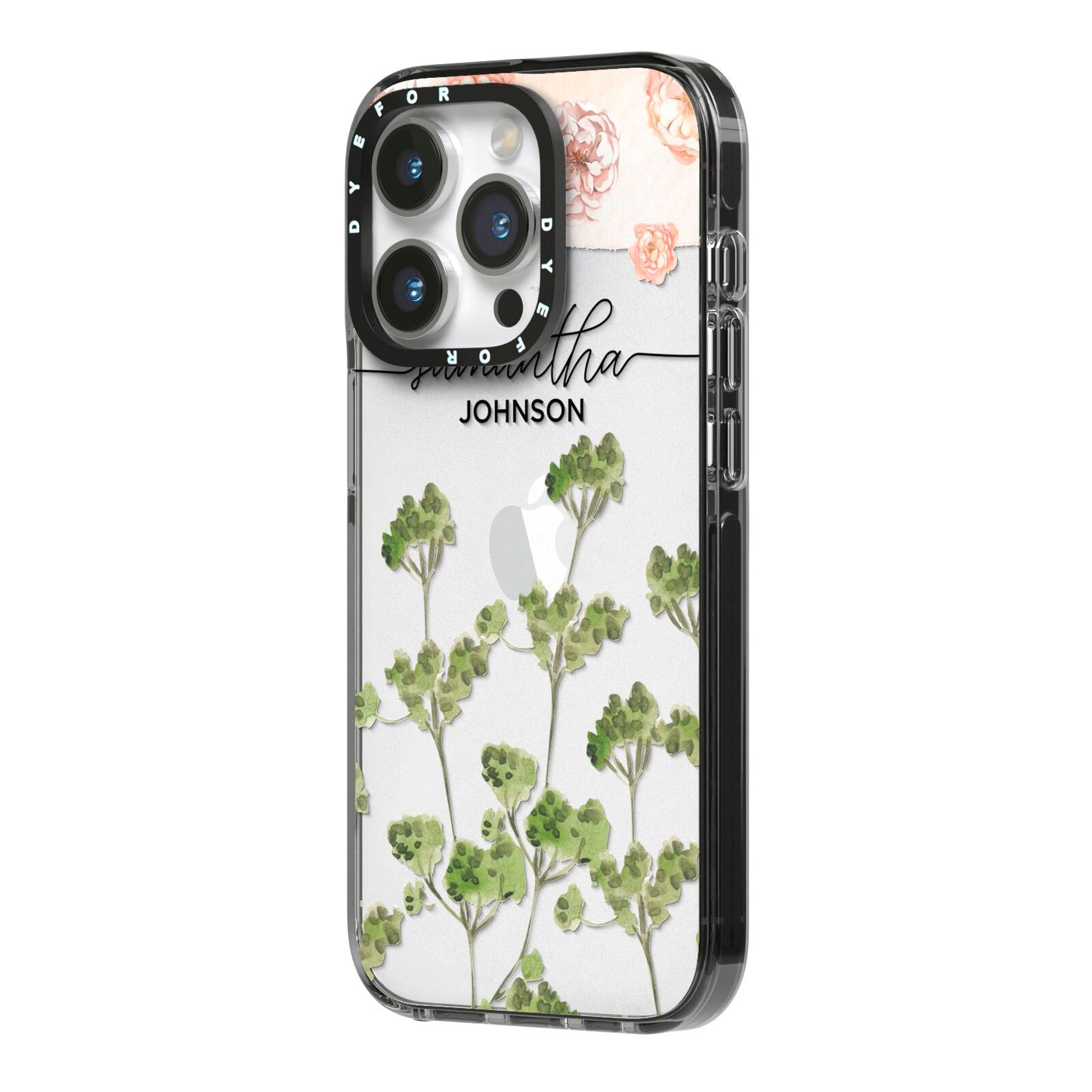 Personalised Names Flowers iPhone 14 Pro Black Impact Case Side Angle on Silver phone