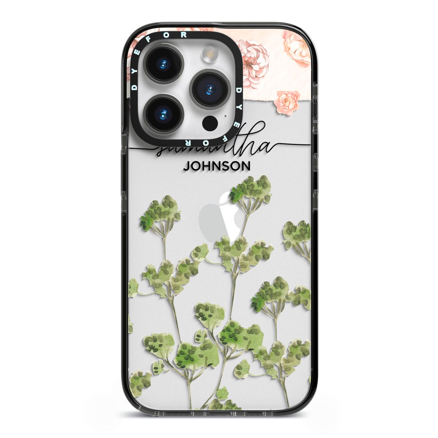 Personalised Names Flowers iPhone 14 Pro Black Impact Case on Silver phone
