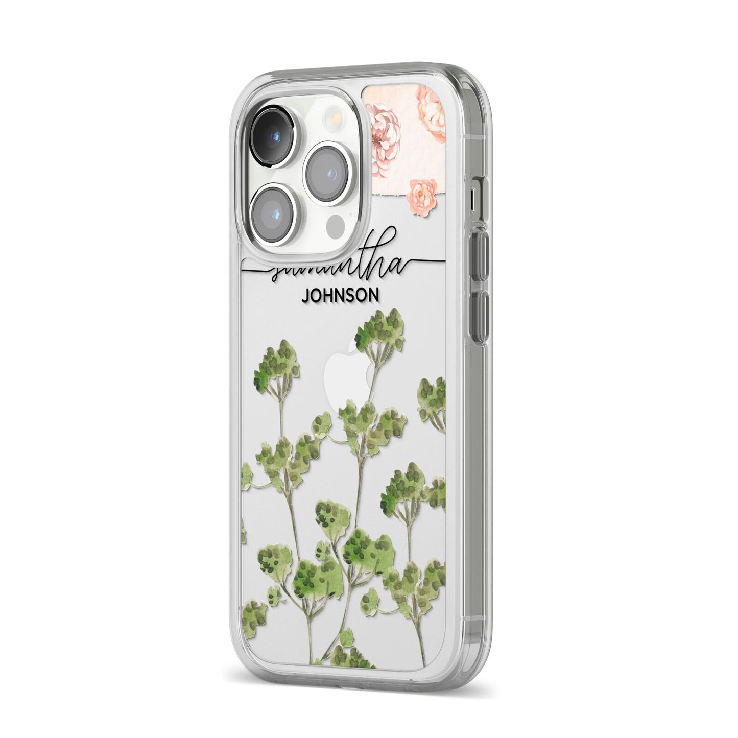 Personalised Names Flowers iPhone 14 Pro Clear Tough Case Silver Angled Image