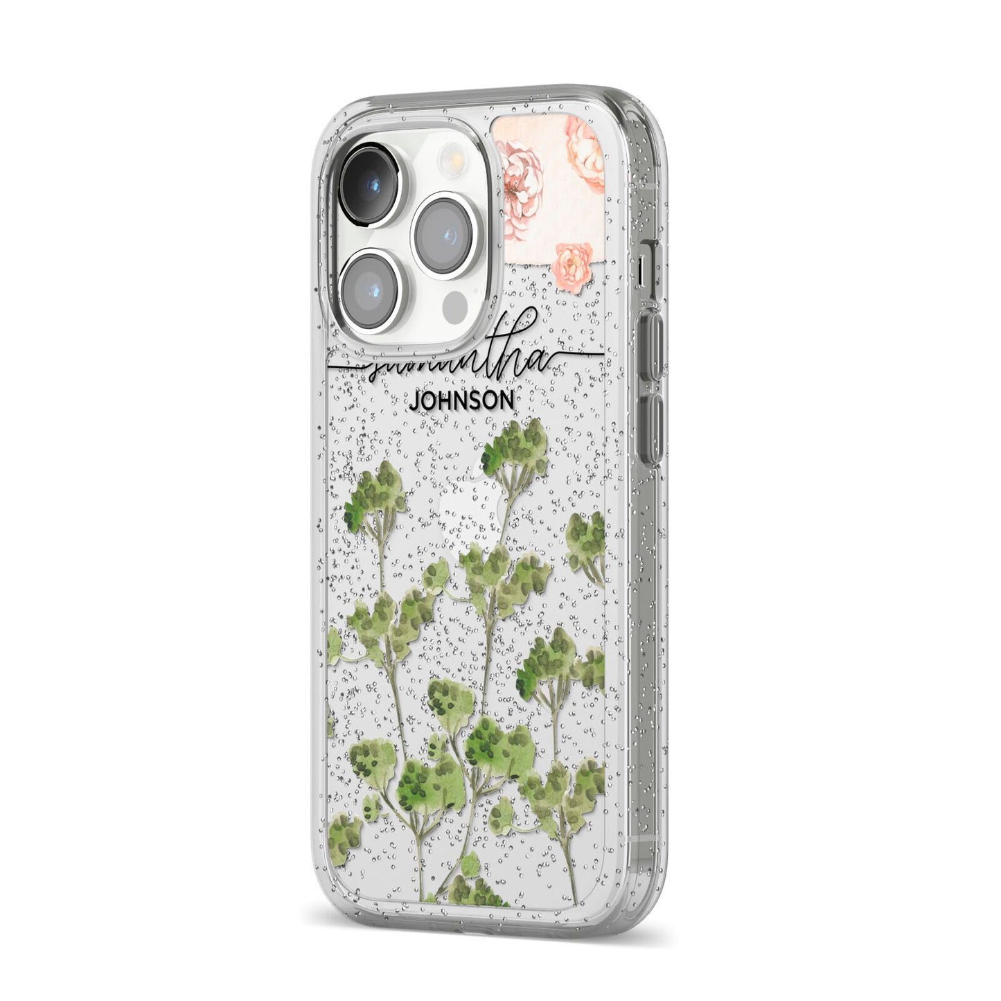 Personalised Names Flowers iPhone 14 Pro Glitter Tough Case Silver Angled Image