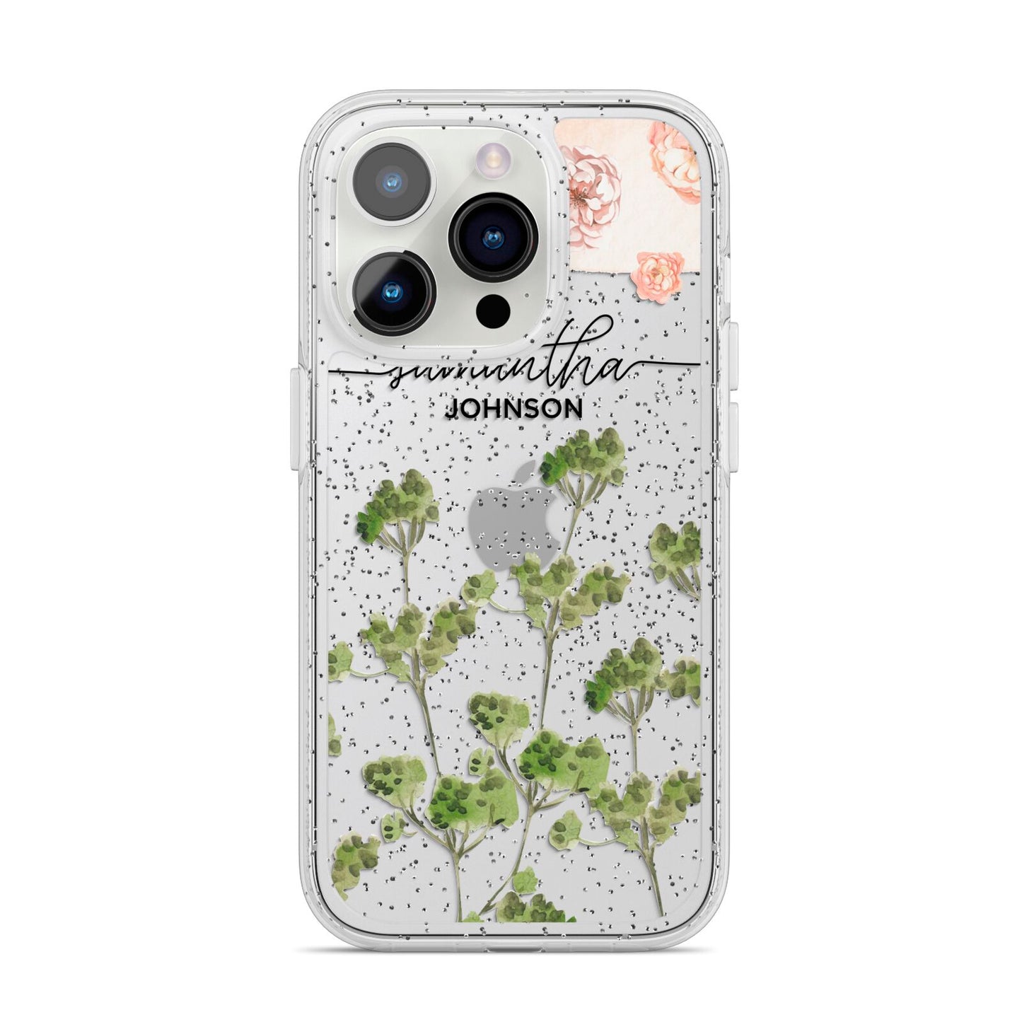 Personalised Names Flowers iPhone 14 Pro Glitter Tough Case Silver