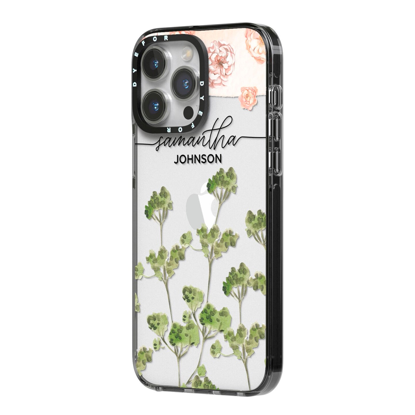 Personalised Names Flowers iPhone 14 Pro Max Black Impact Case Side Angle on Silver phone