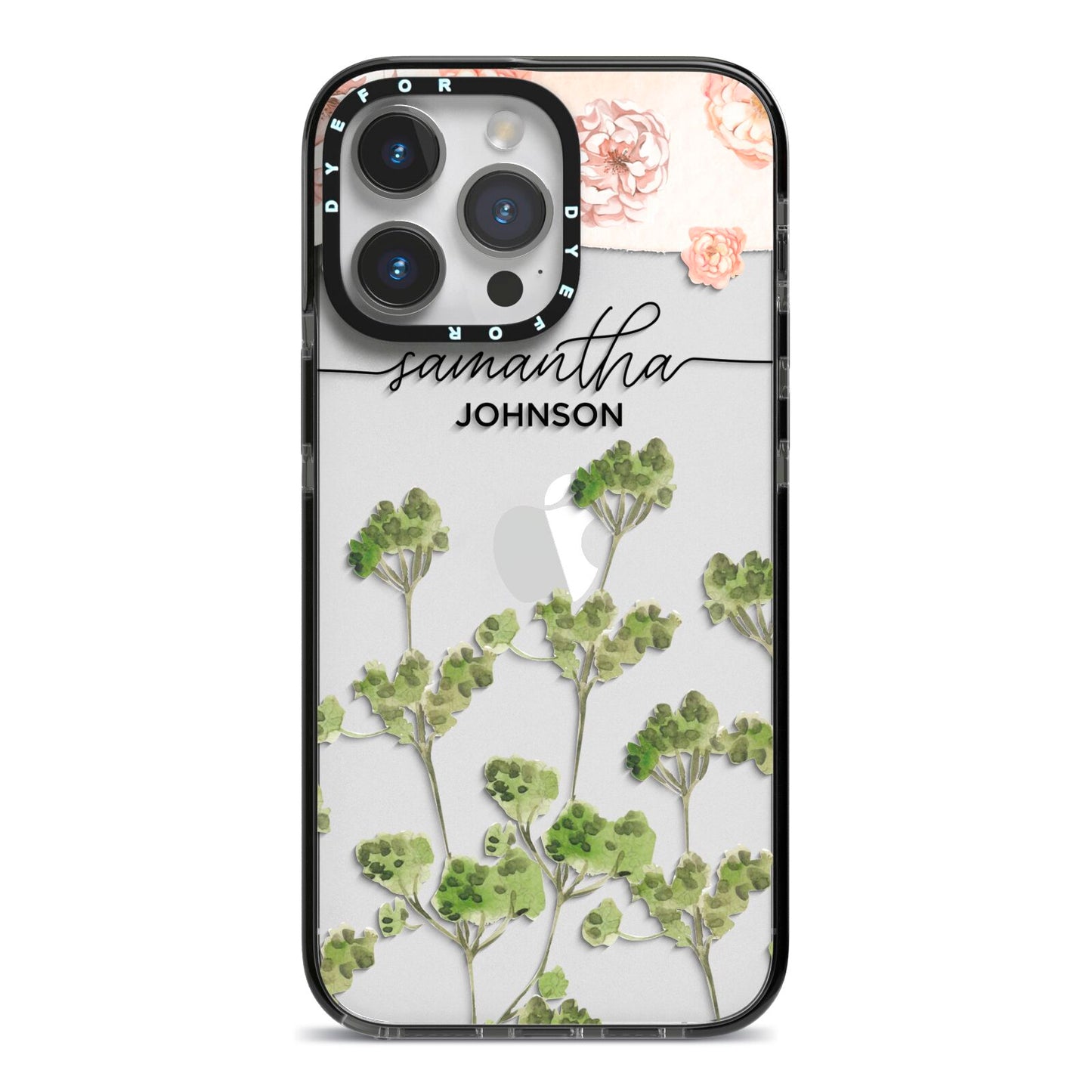 Personalised Names Flowers iPhone 14 Pro Max Black Impact Case on Silver phone