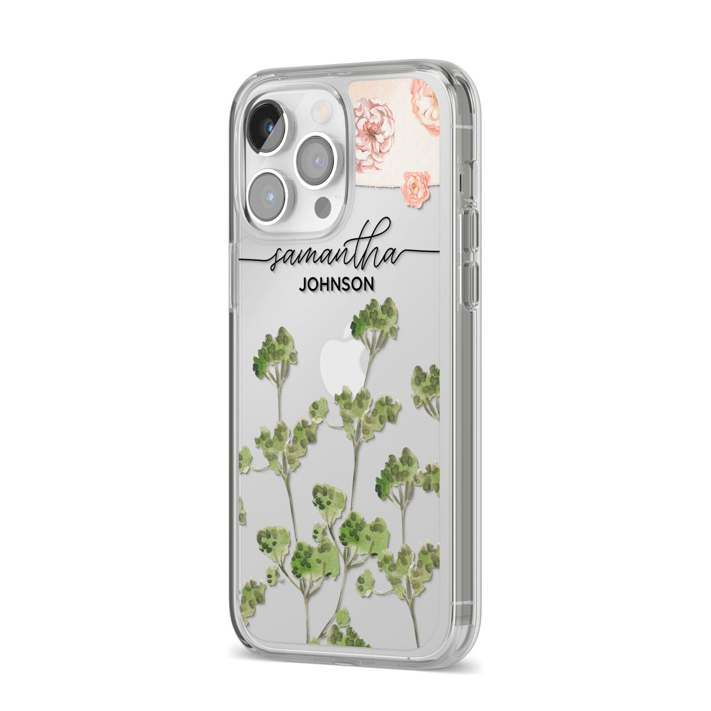 Personalised Names Flowers iPhone 14 Pro Max Clear Tough Case Silver Angled Image