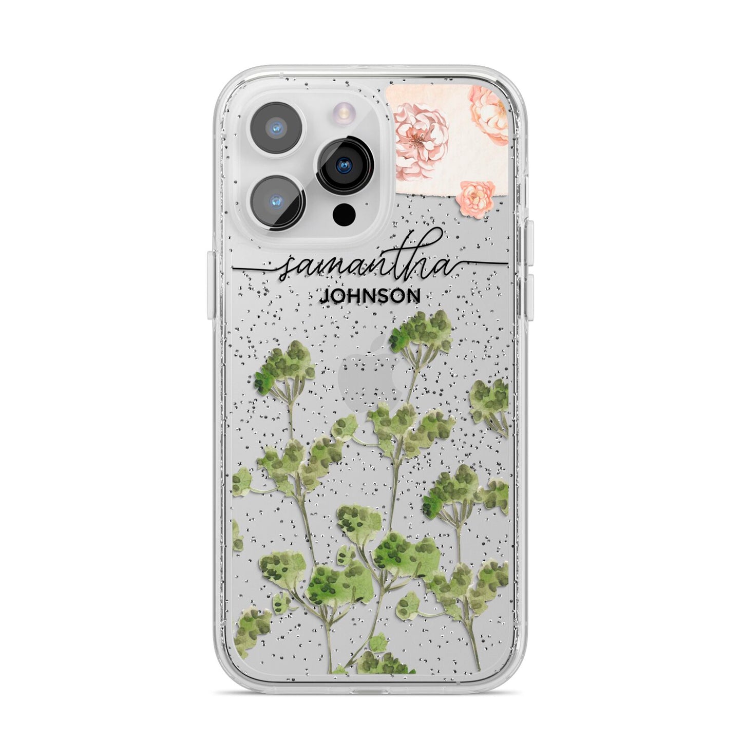 Personalised Names Flowers iPhone 14 Pro Max Glitter Tough Case Silver
