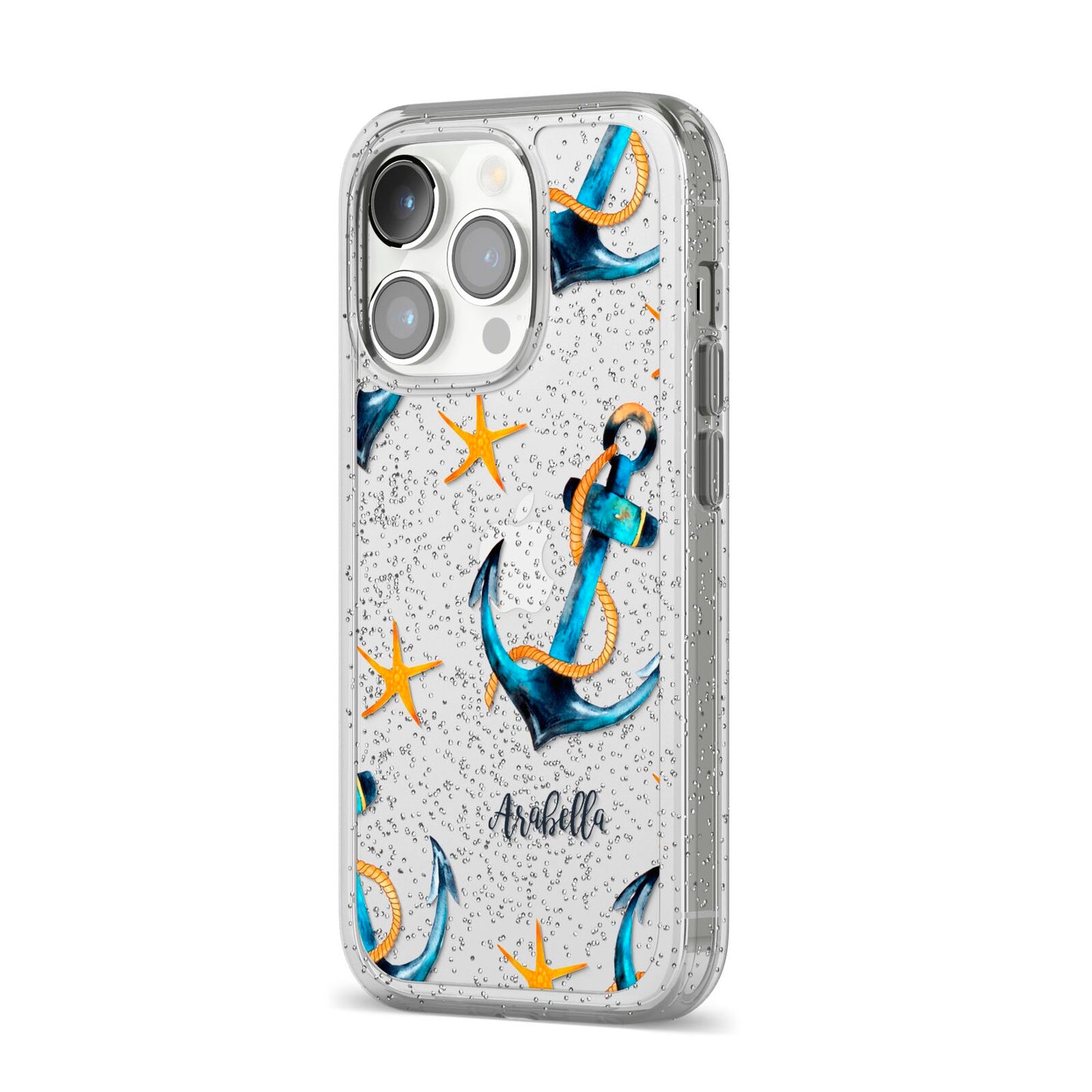 Personalised Nautical iPhone 14 Pro Glitter Tough Case Silver Angled Image