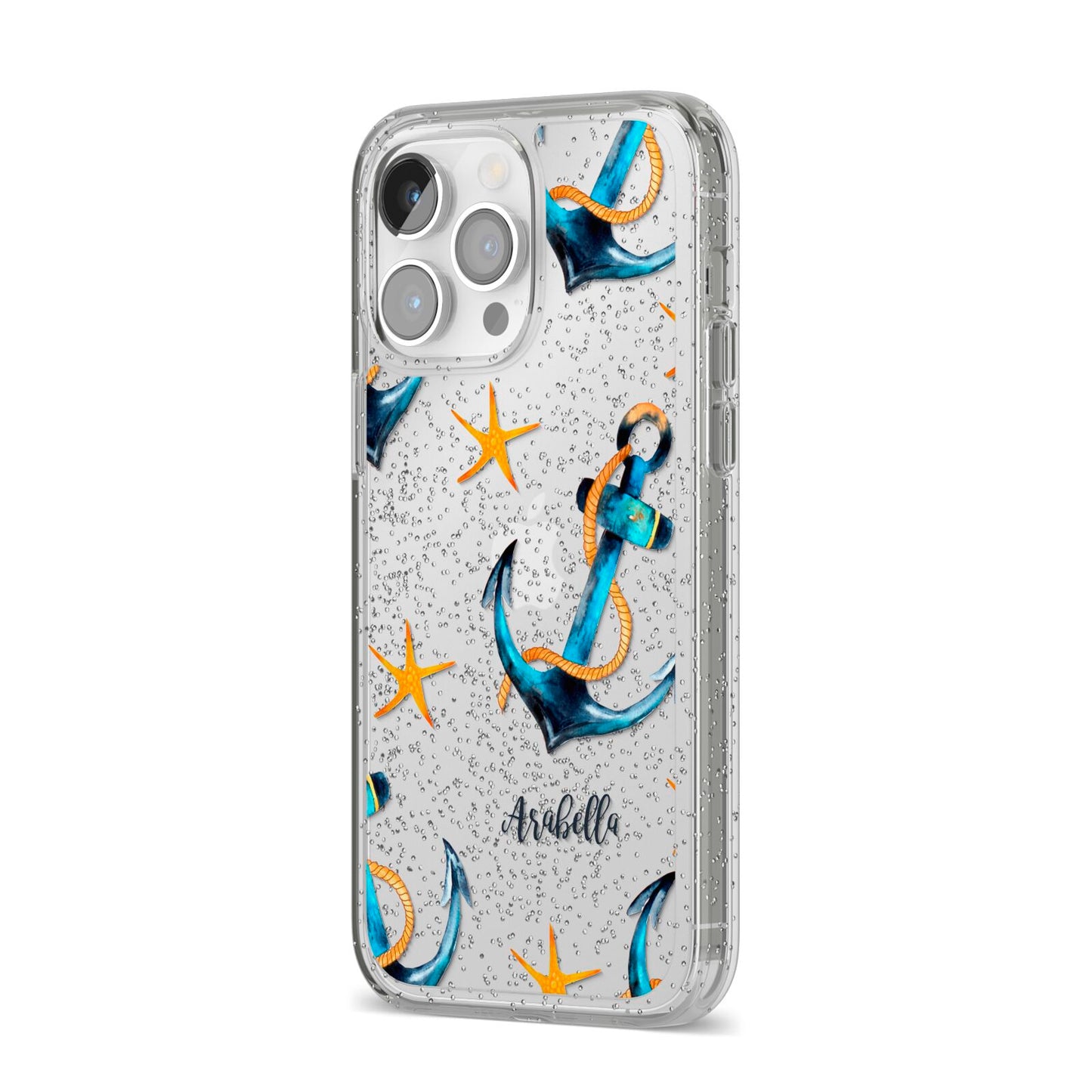Personalised Nautical iPhone 14 Pro Max Glitter Tough Case Silver Angled Image