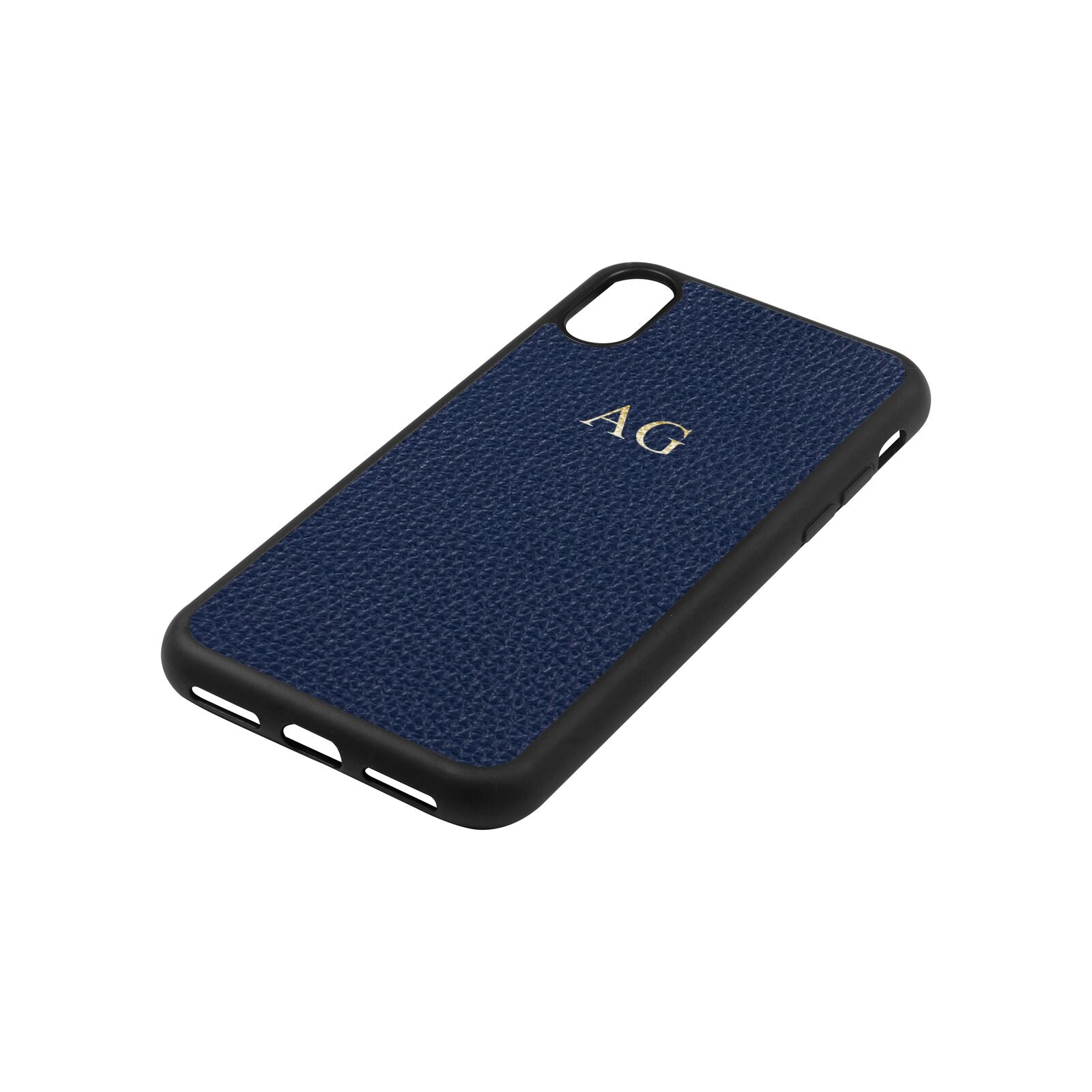 Personalised Navy Blue Pebble Leather iPhone Xs Case Side Image
