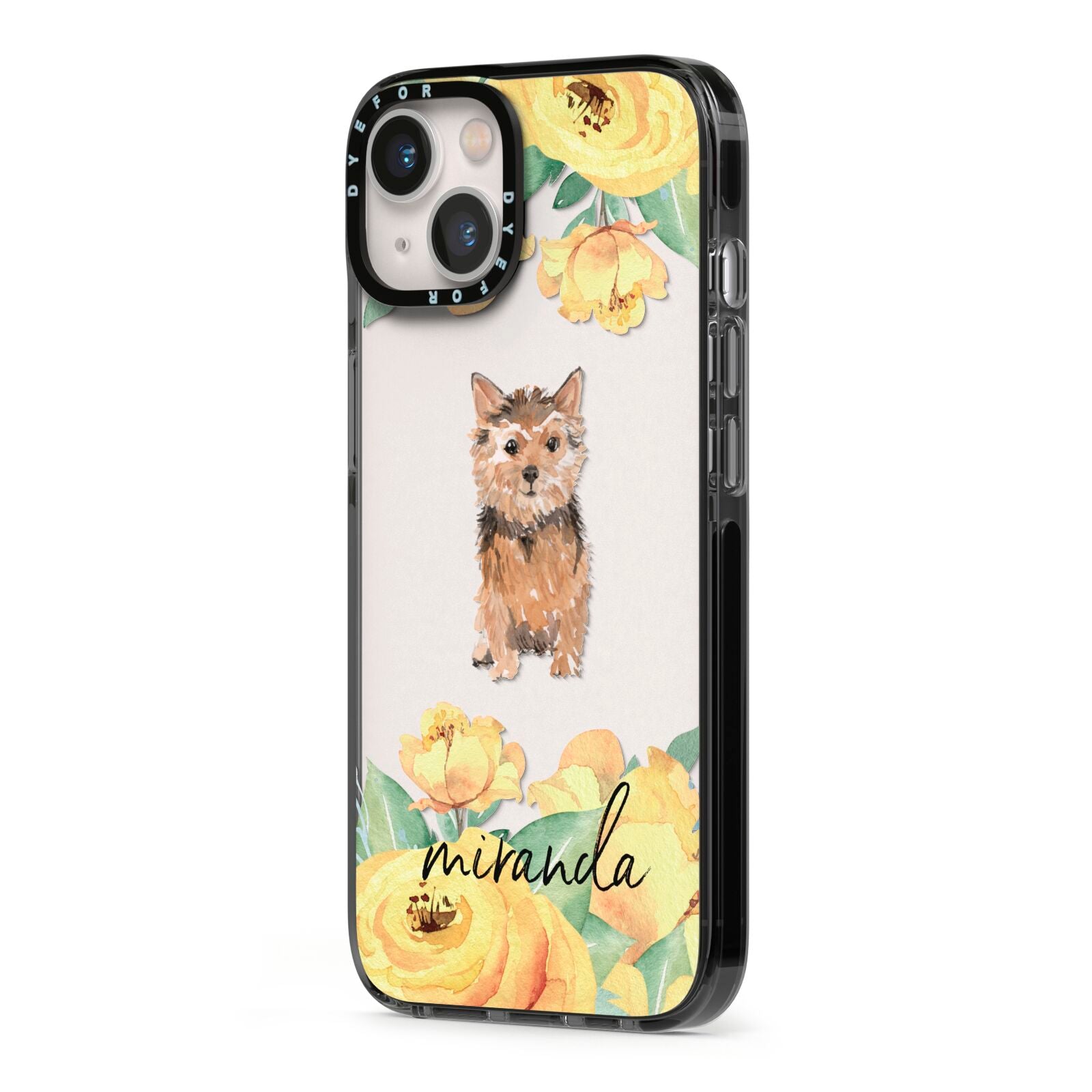 Personalised Norwich Terrier iPhone 13 Black Impact Case Side Angle on Silver phone