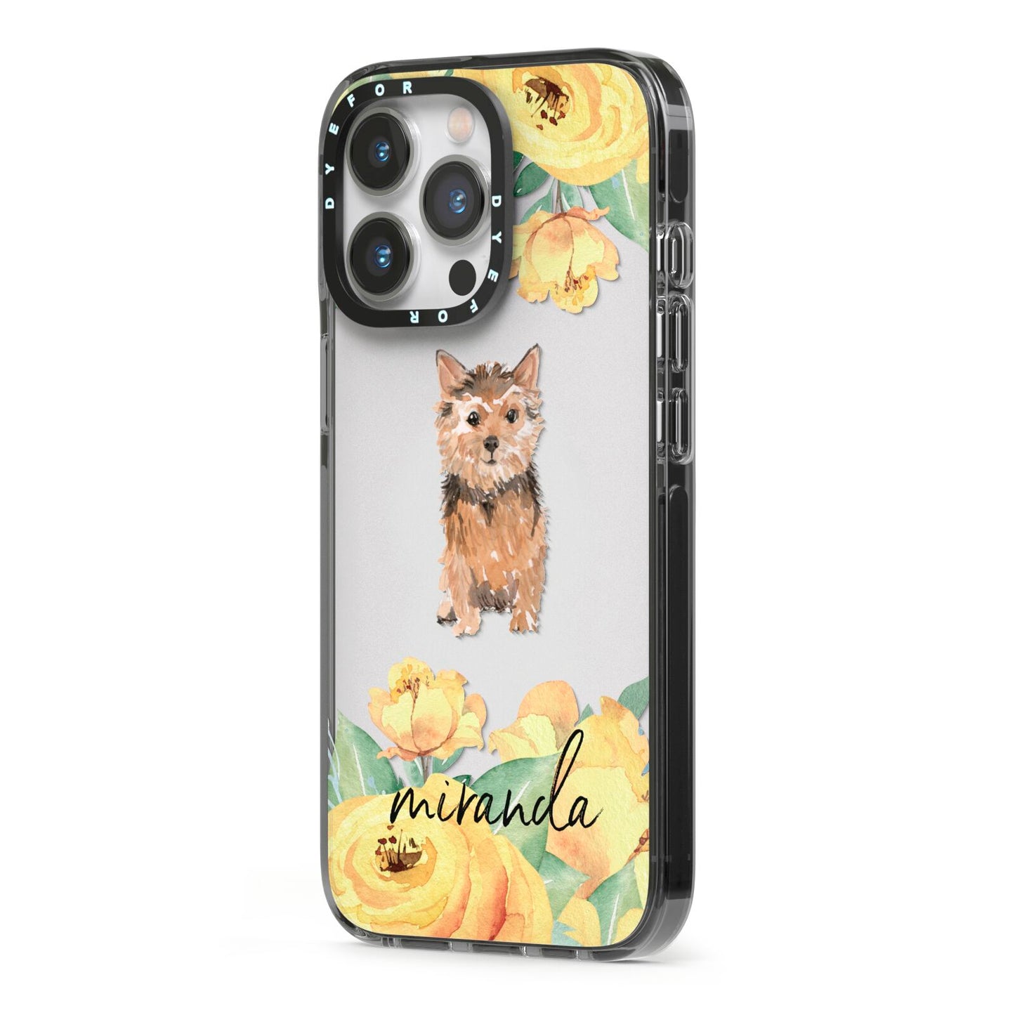 Personalised Norwich Terrier iPhone 13 Pro Black Impact Case Side Angle on Silver phone