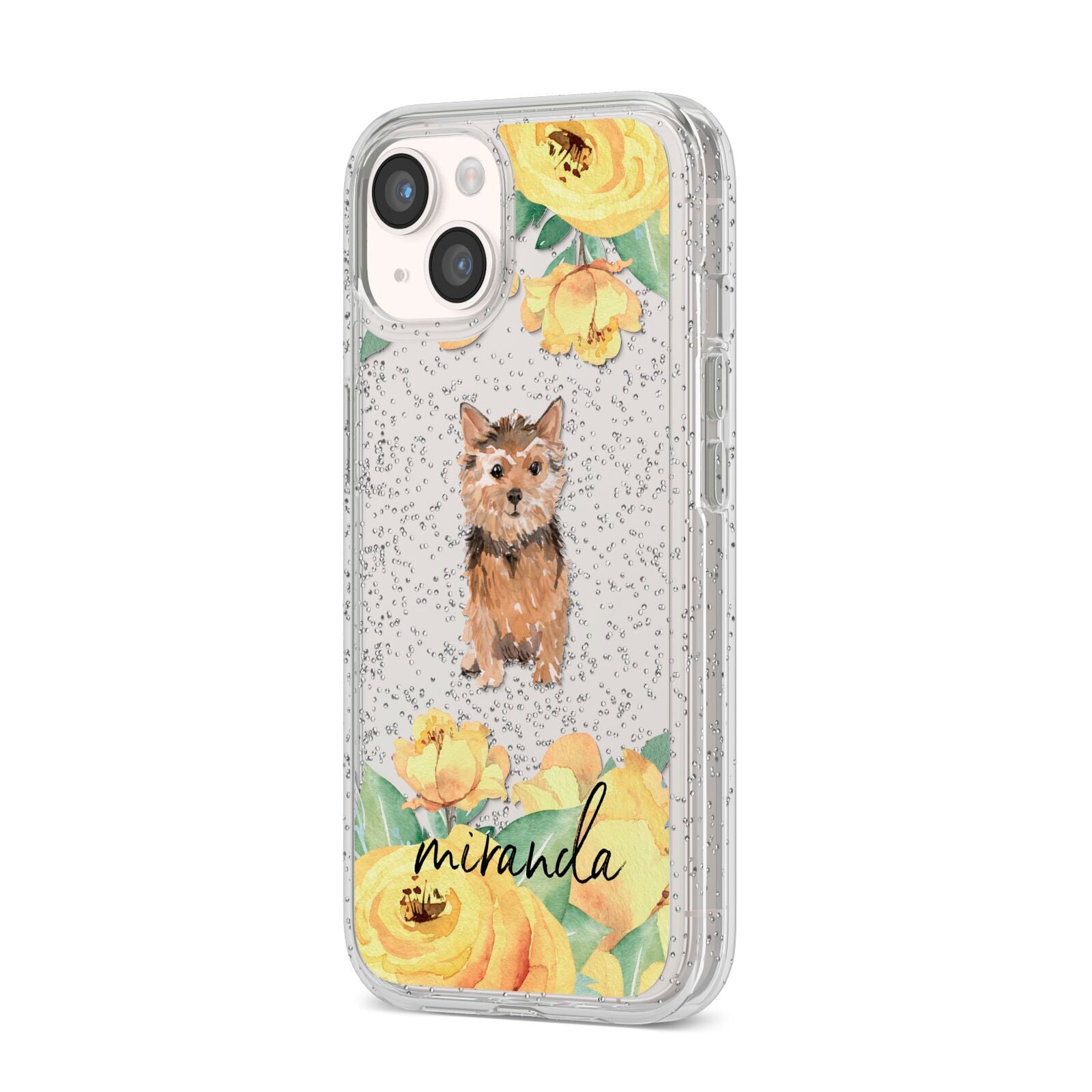 Personalised Norwich Terrier iPhone 14 Glitter Tough Case Starlight Angled Image