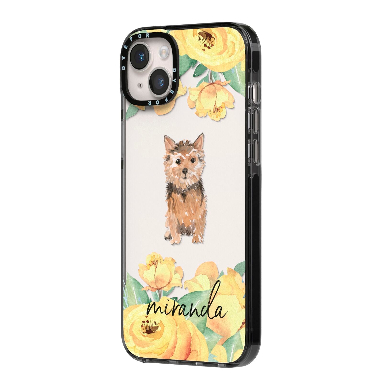Personalised Norwich Terrier iPhone 14 Plus Black Impact Case Side Angle on Silver phone