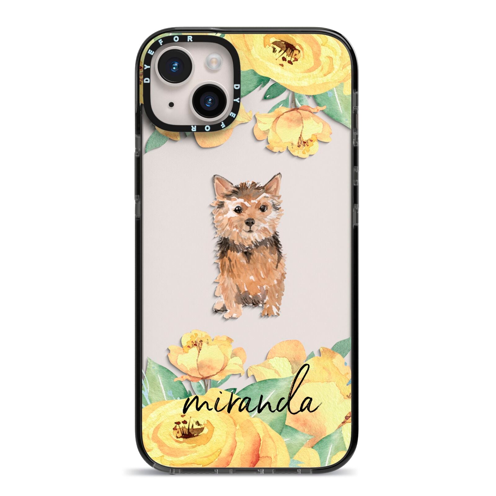 Personalised Norwich Terrier iPhone 14 Plus Black Impact Case on Silver phone