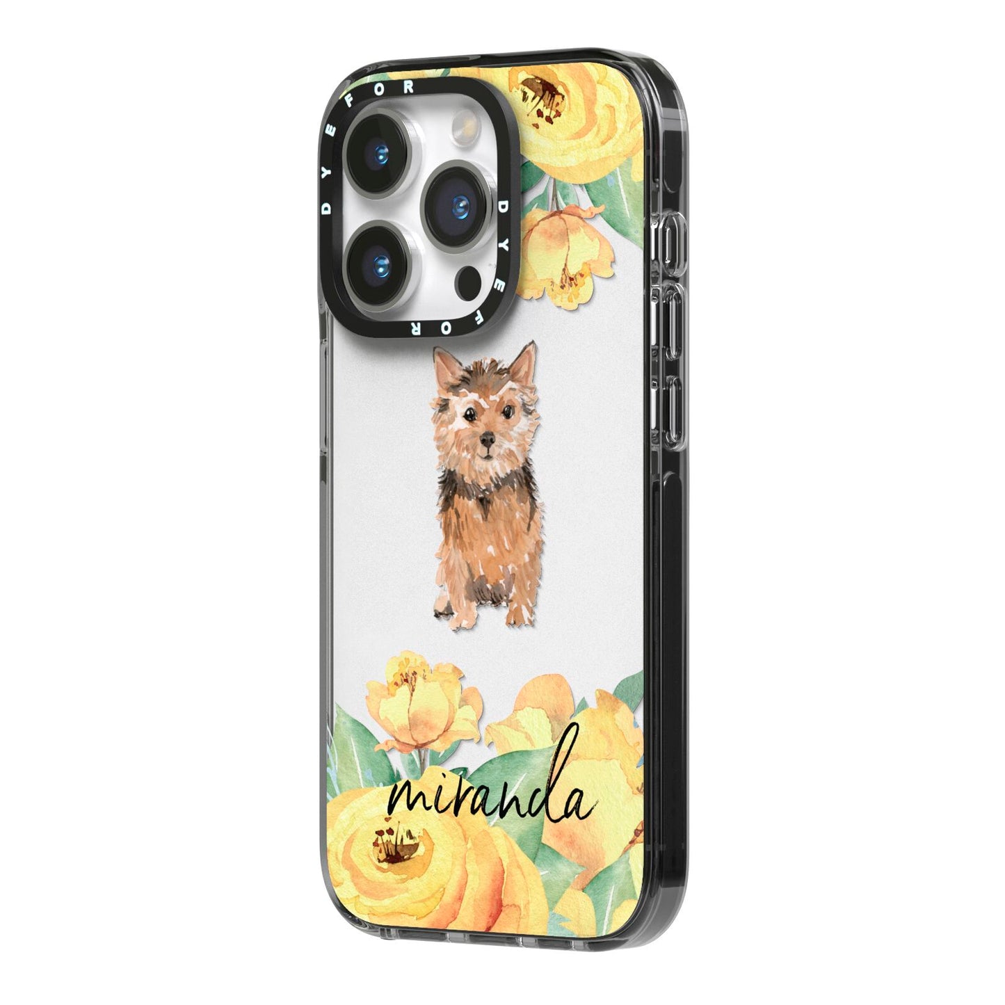 Personalised Norwich Terrier iPhone 14 Pro Black Impact Case Side Angle on Silver phone
