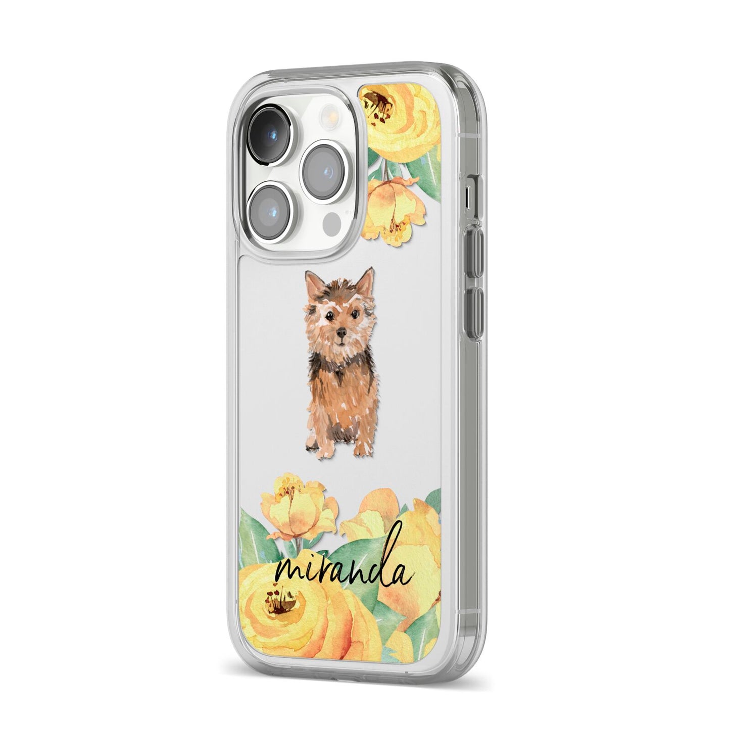 Personalised Norwich Terrier iPhone 14 Pro Clear Tough Case Silver Angled Image