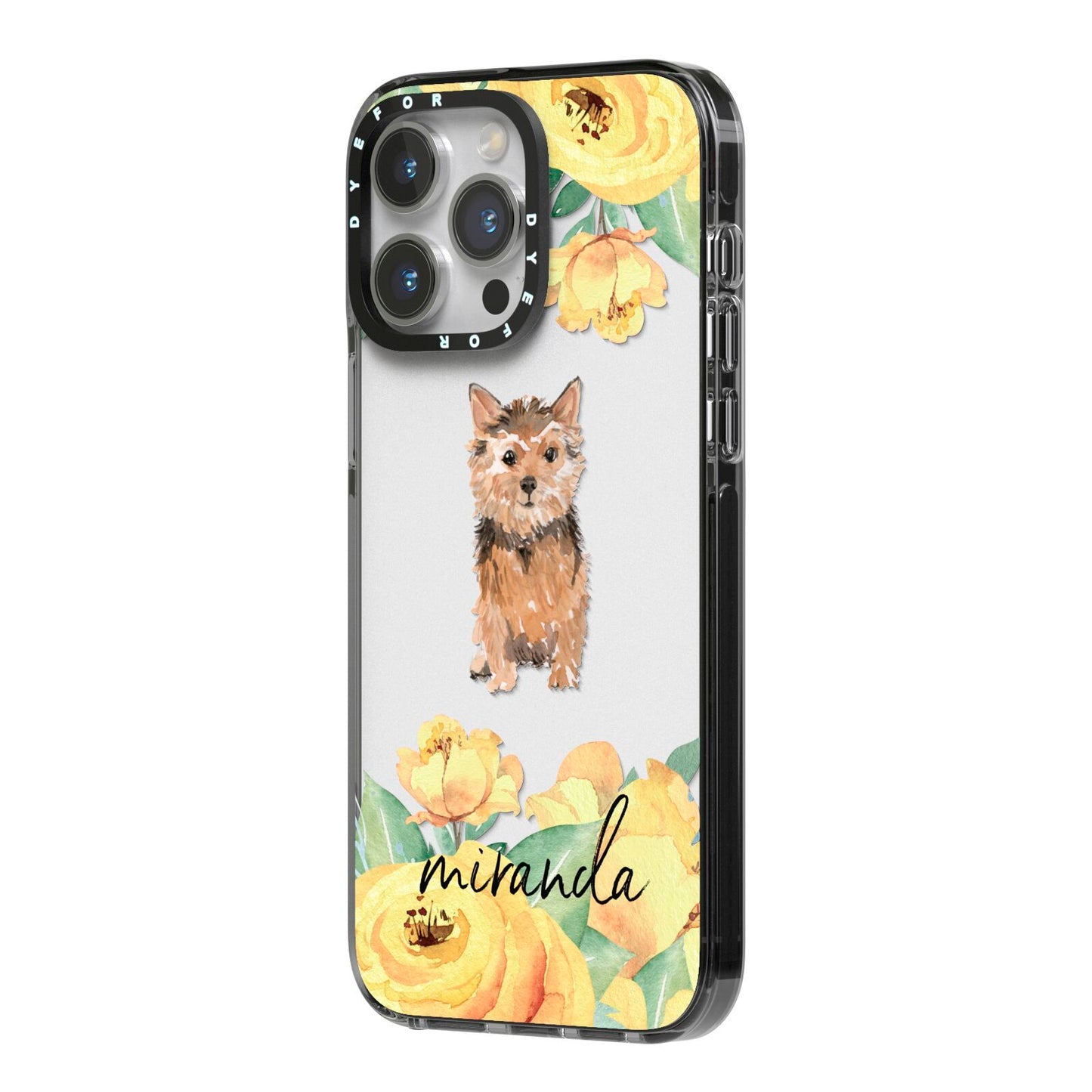 Personalised Norwich Terrier iPhone 14 Pro Max Black Impact Case Side Angle on Silver phone