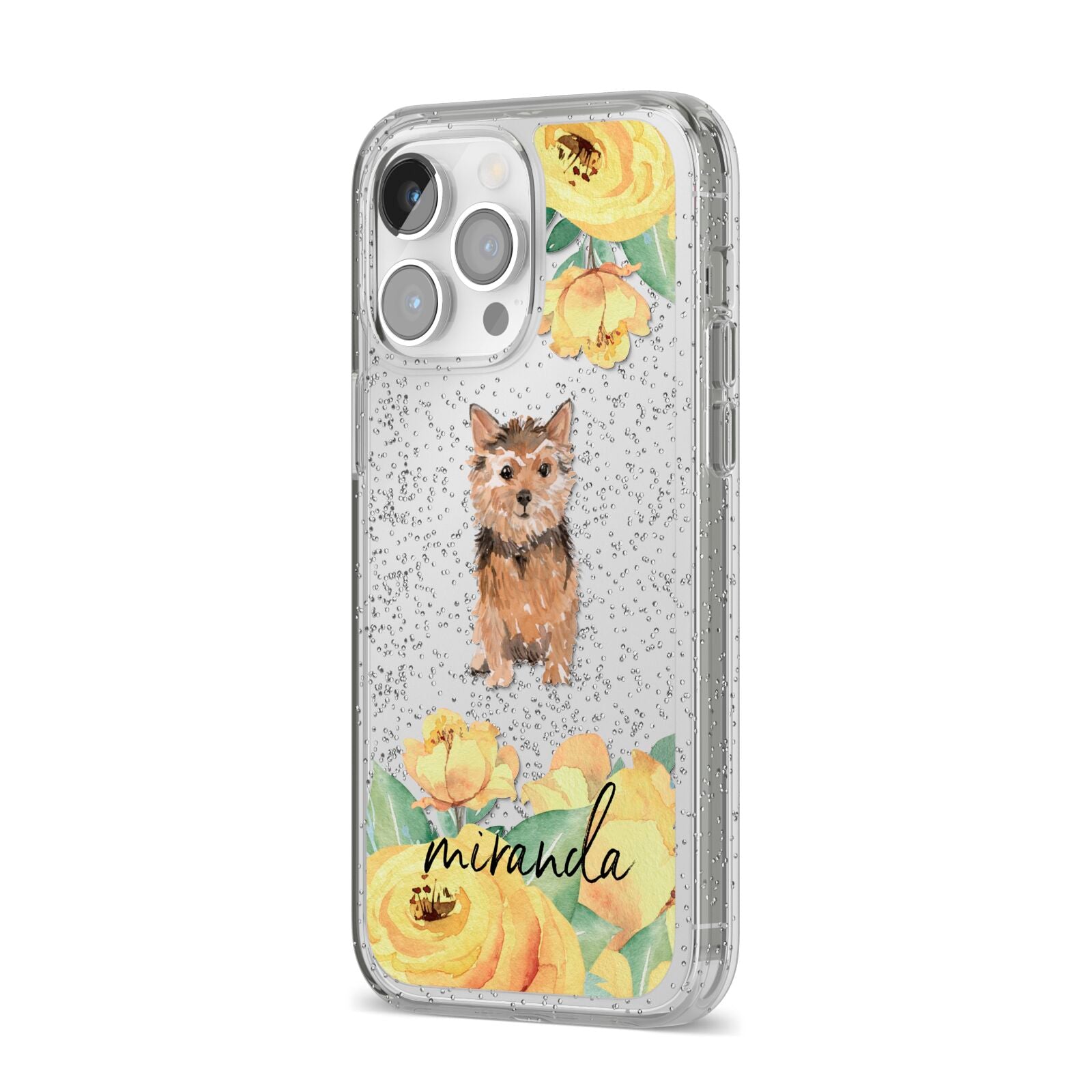 Personalised Norwich Terrier iPhone 14 Pro Max Glitter Tough Case Silver Angled Image