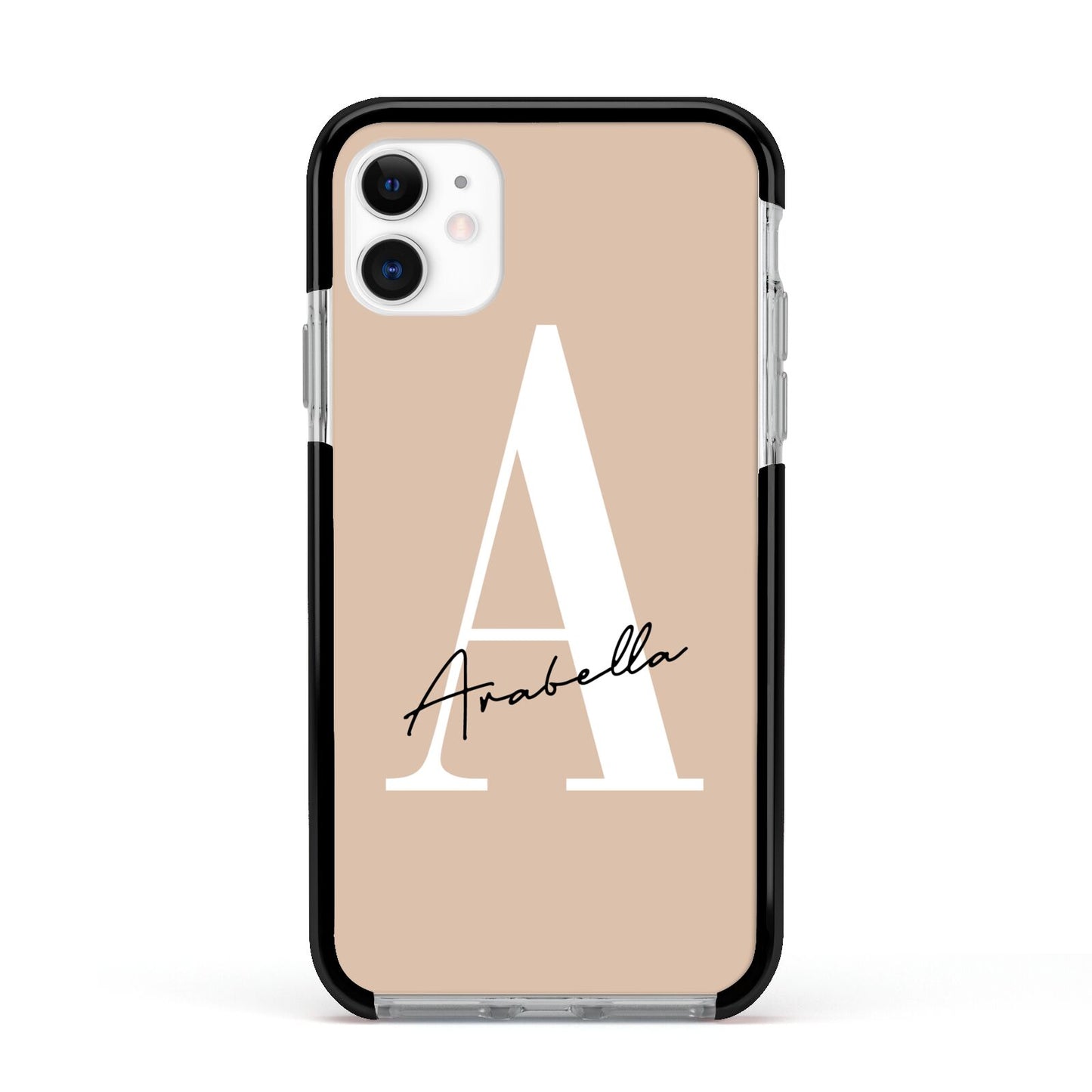 Personalised Nude Colour Initial Apple iPhone 11 in White with Black Impact Case