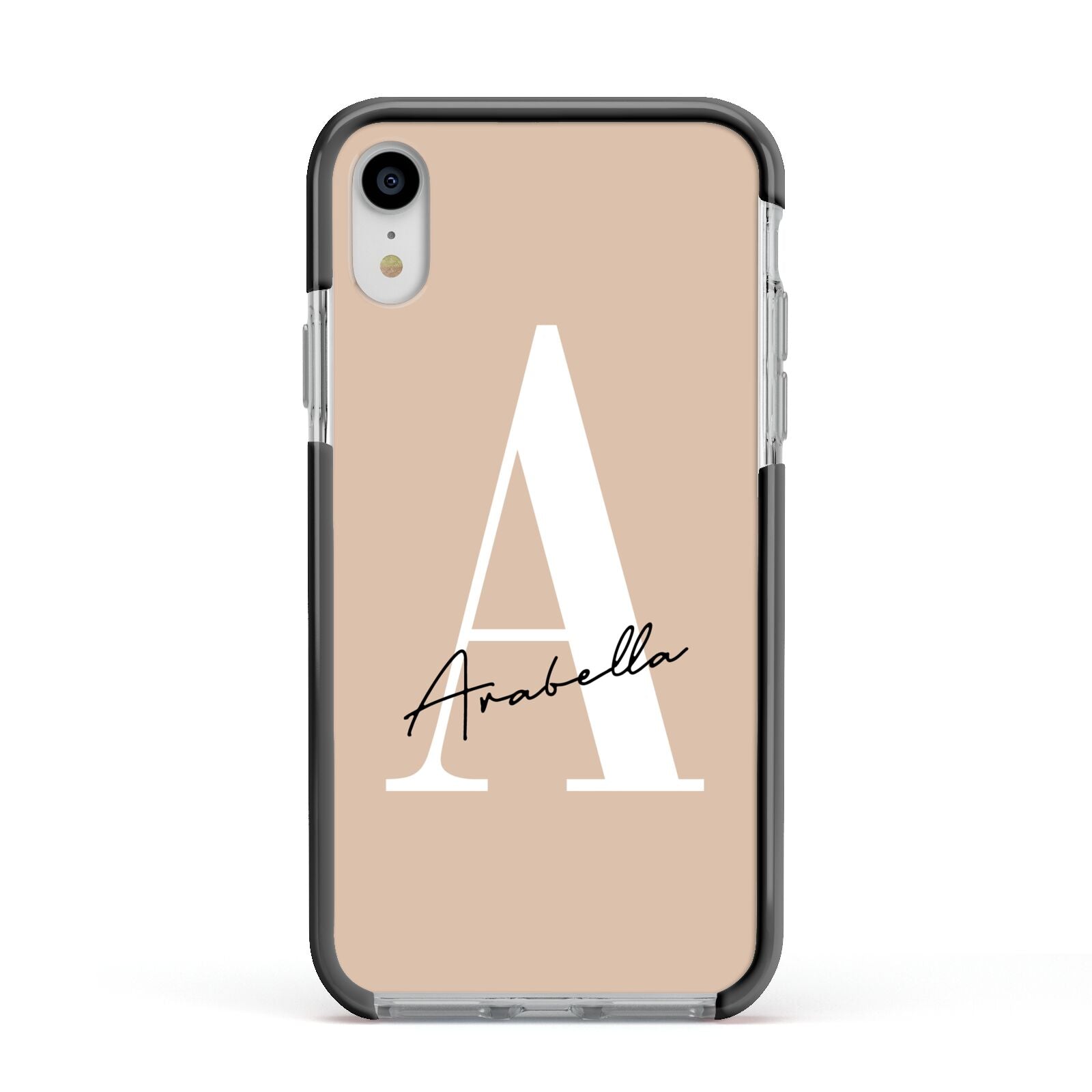 Personalised Nude Colour Initial Apple iPhone XR Impact Case Black Edge on Silver Phone
