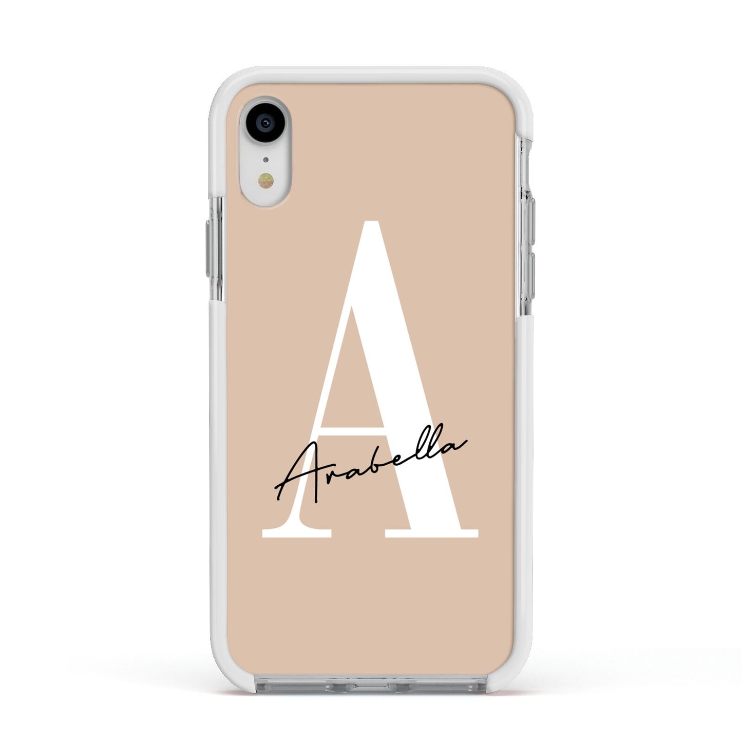 Personalised Nude Colour Initial Apple iPhone XR Impact Case White Edge on Silver Phone