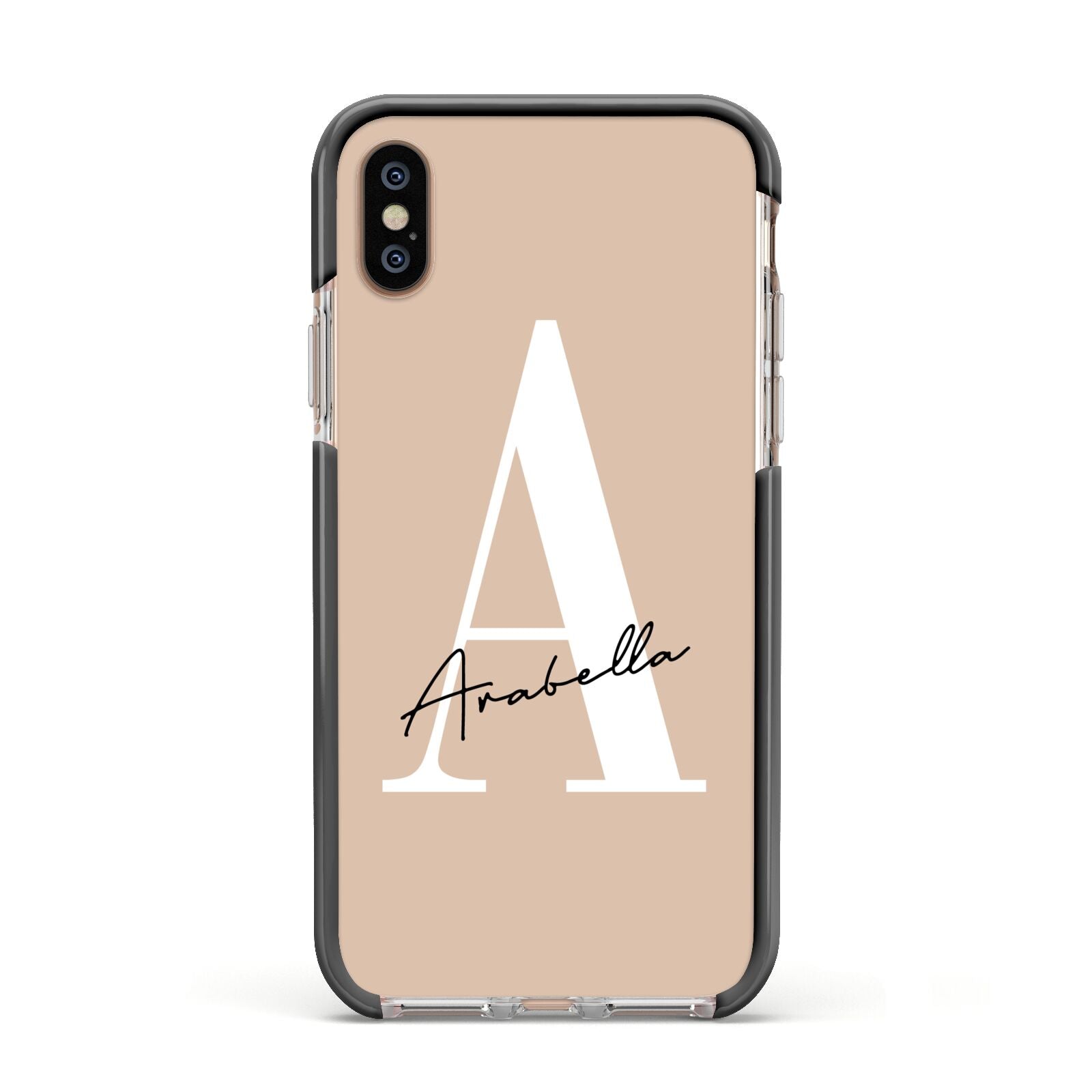 Personalised Nude Colour Initial Apple iPhone Xs Impact Case Black Edge on Gold Phone