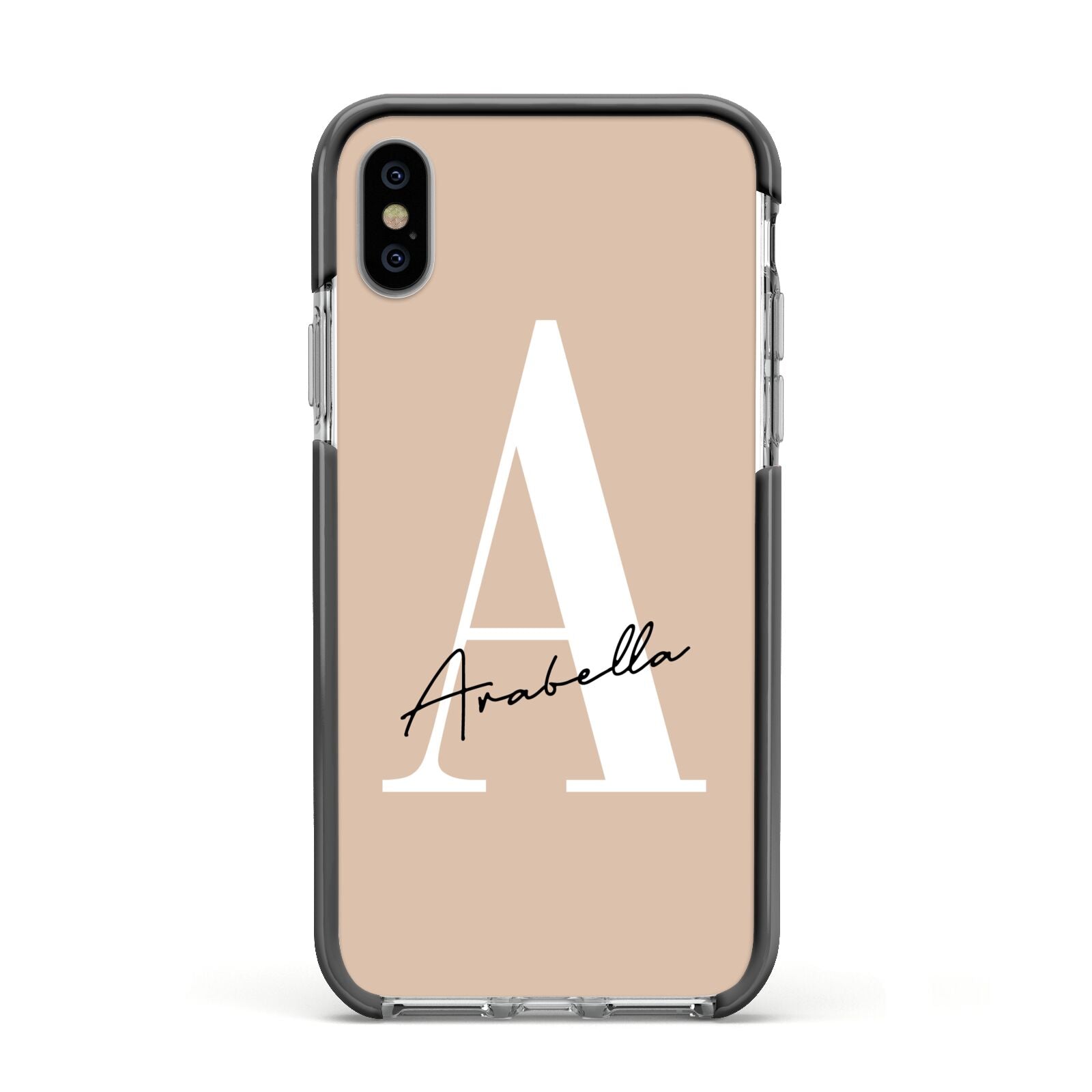 Personalised Nude Colour Initial Apple iPhone Xs Impact Case Black Edge on Silver Phone
