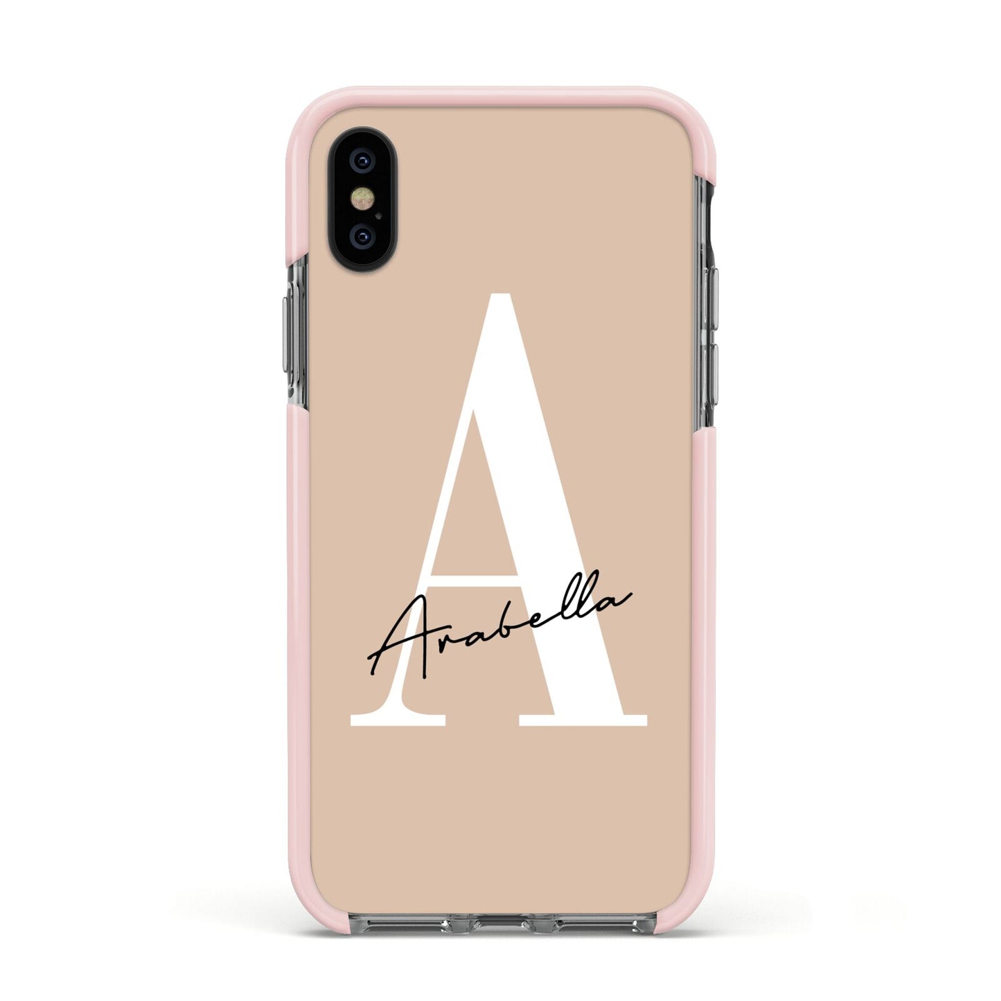 Personalised Nude Colour Initial Apple iPhone Xs Impact Case Pink Edge on Black Phone