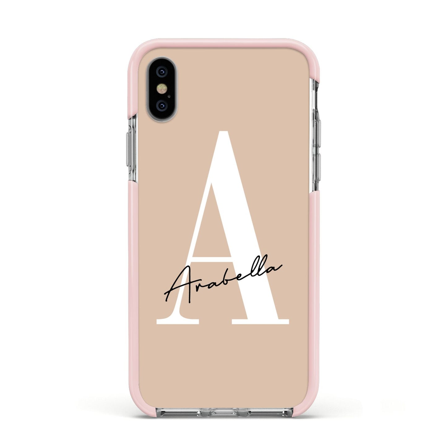 Personalised Nude Colour Initial Apple iPhone Xs Impact Case Pink Edge on Silver Phone