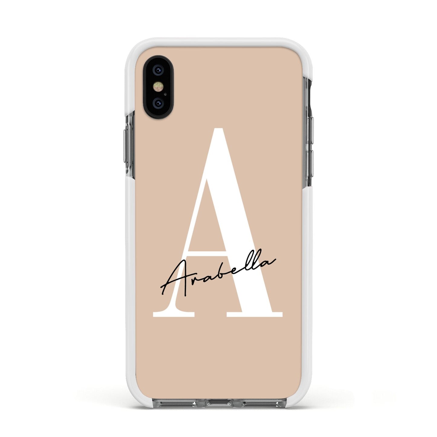 Personalised Nude Colour Initial Apple iPhone Xs Impact Case White Edge on Black Phone