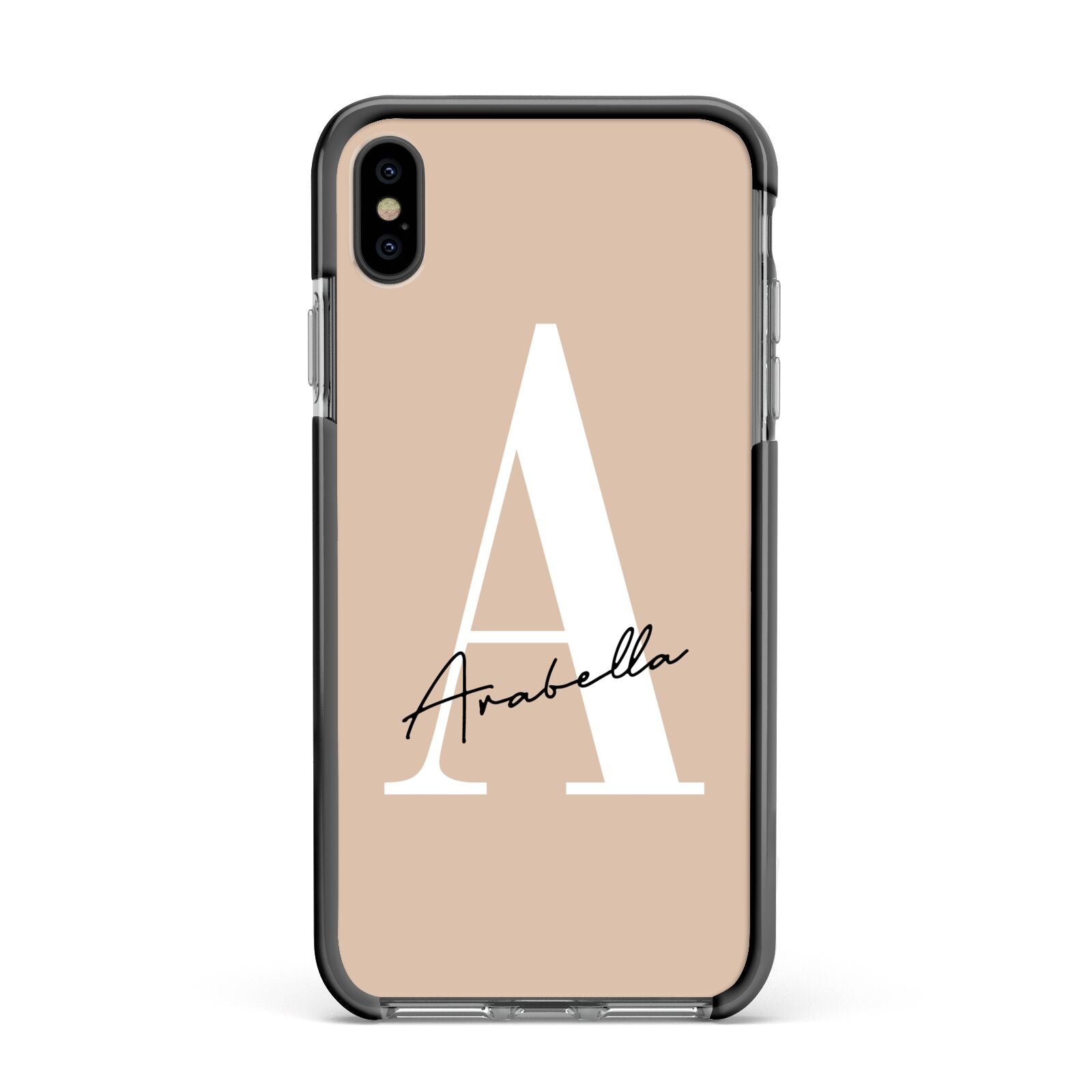 Personalised Nude Colour Initial Apple iPhone Xs Max Impact Case Black Edge on Black Phone