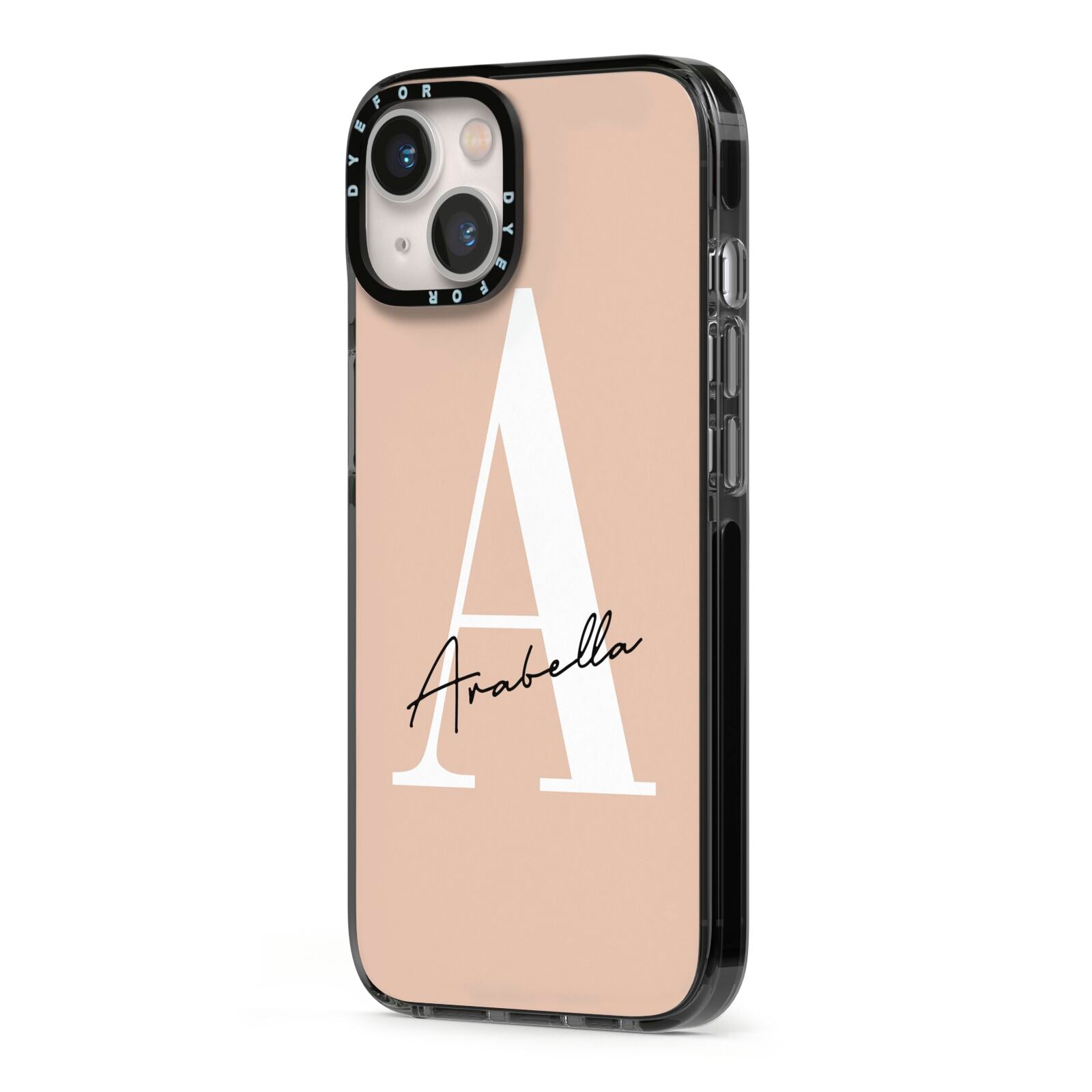 Personalised Nude Colour Initial iPhone 13 Black Impact Case Side Angle on Silver phone