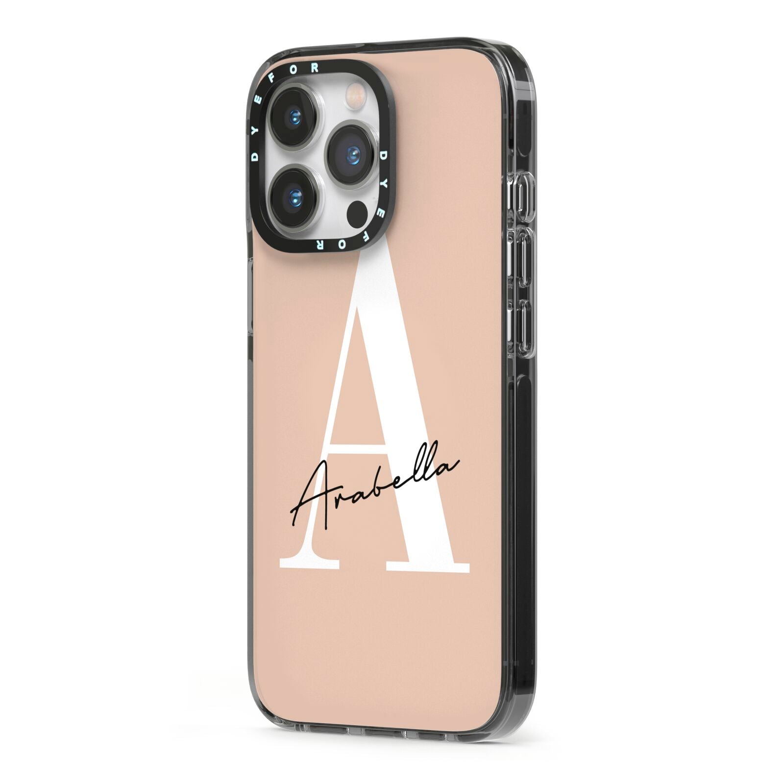 Personalised Nude Colour Initial iPhone 13 Pro Black Impact Case Side Angle on Silver phone