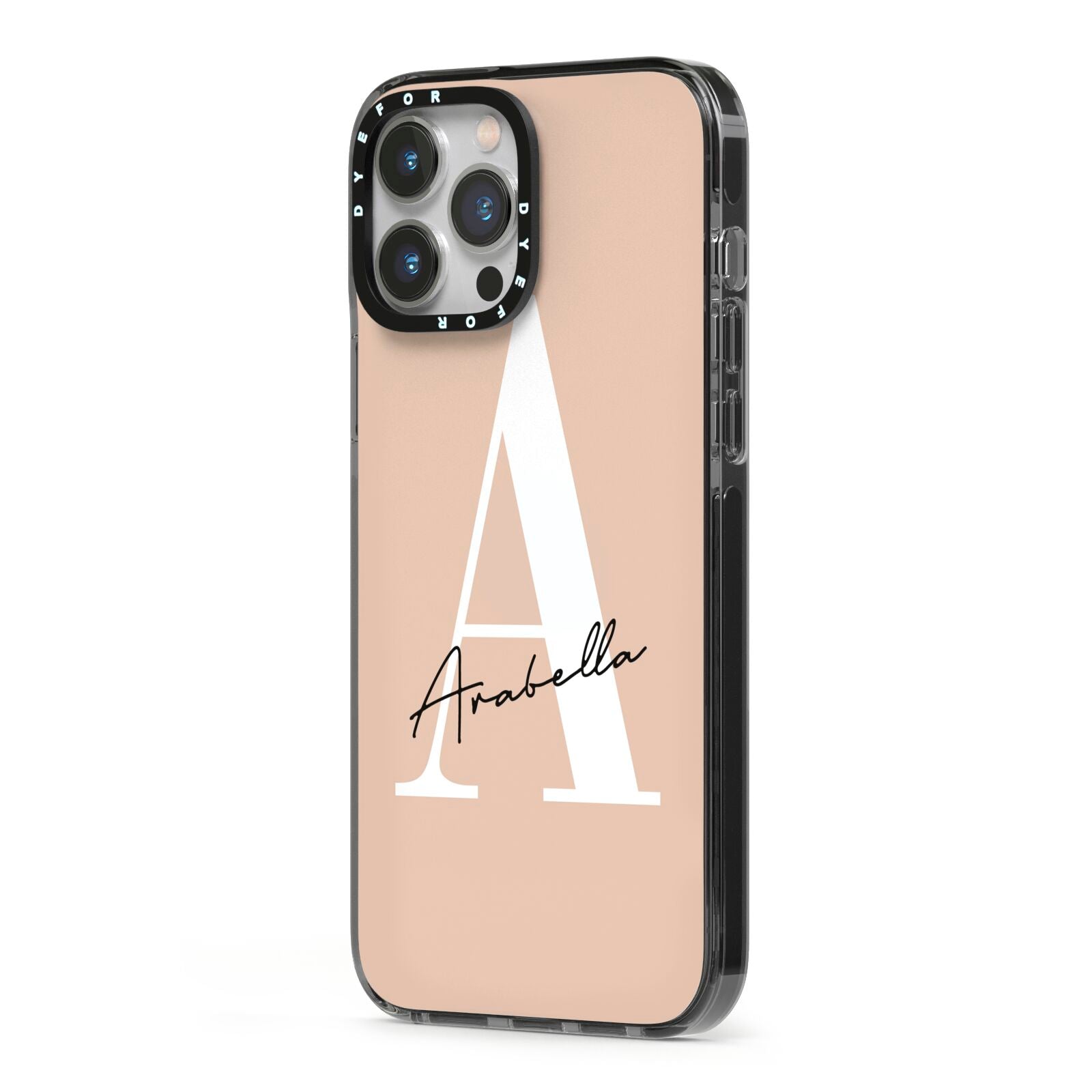 Personalised Nude Colour Initial iPhone 13 Pro Max Black Impact Case Side Angle on Silver phone
