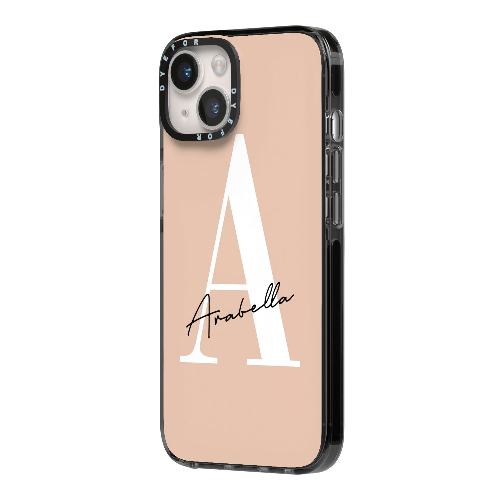 Personalised Nude Colour Initial iPhone 14 Black Impact Case Side Angle on Silver phone