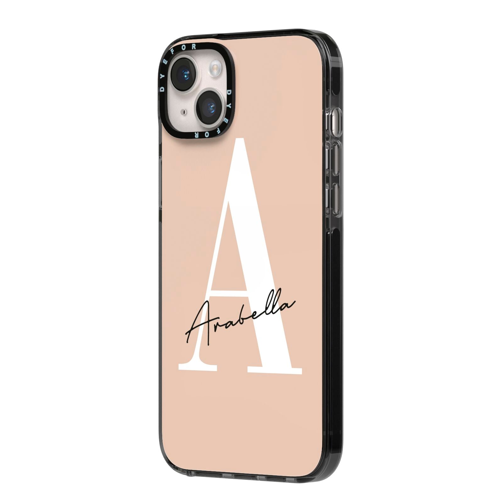 Personalised Nude Colour Initial iPhone 14 Plus Black Impact Case Side Angle on Silver phone