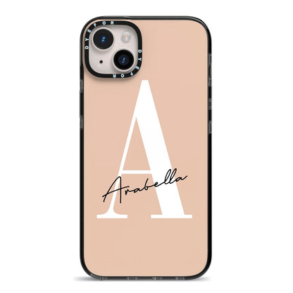 Personalised Nude Colour Initial iPhone 14 Plus Black Impact Case on Silver phone