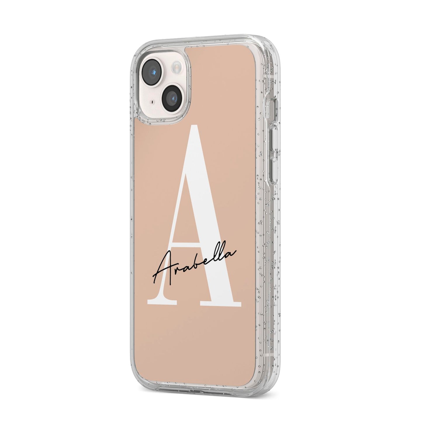 Personalised Nude Colour Initial iPhone 14 Plus Glitter Tough Case Starlight Angled Image